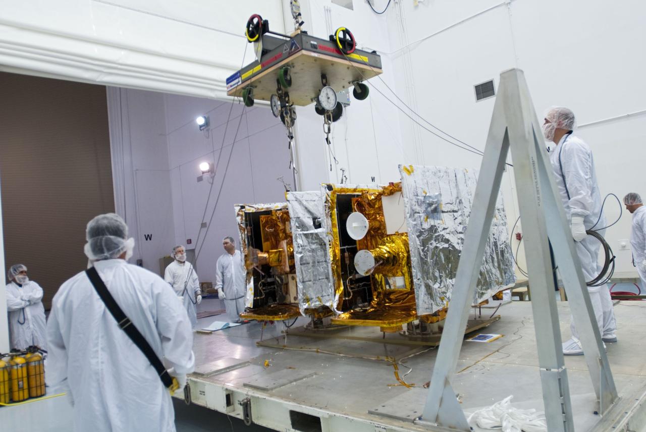 CAPE CANAVERAL, Fla. -- Preparations are under way to lift one of NASA's twin Gravity Recovery and Interior Laboratory lunar spacecraft onto a workstand in the Hazardous Processing Facility (HPF) at Astrotech Space Operation's payload processing facility in Titusville, Fla. In the HPF, the spacecraft will undergo two days of fueling activities. GRAIL will fly in tandem orbits around the moon for several months to measure its gravity field. GRAIL's primary science objectives are to determine the structure of the lunar interior, from crust to core, and to advance understanding of the thermal evolution of the moon. Launch aboard a United Launch Alliance Delta II rocket from Space Launch Complex 17B on Cape Canaveral Air Force Station is scheduled for Sept. 8. For more information, visit http://www.nasa.gov/grail. Photo credit: NASA/Charisse Nahser