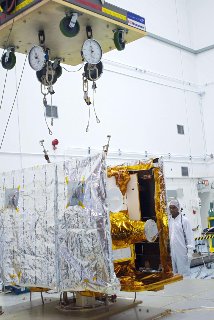 CAPE CANAVERAL, Fla. -- Preparations are under way to lift the second of NASA's twin Gravity Recovery and Interior Laboratory lunar spacecraft to a workstand in the Hazardous Processing Facility (HPF) at Astrotech Space Operation's payload processing facility in Titusville, Fla. In the HPF, the spacecraft will undergo two days of fueling activities. GRAIL will fly in tandem orbits around the moon for several months to measure its gravity field. GRAIL's primary science objectives are to determine the structure of the lunar interior, from crust to core, and to advance understanding of the thermal evolution of the moon. Launch aboard a United Launch Alliance Delta II rocket from Space Launch Complex 17B on Cape Canaveral Air Force Station is scheduled for Sept. 8. For more information, visit http://www.nasa.gov/grail. Photo credit: NASA/Charisse Nahser