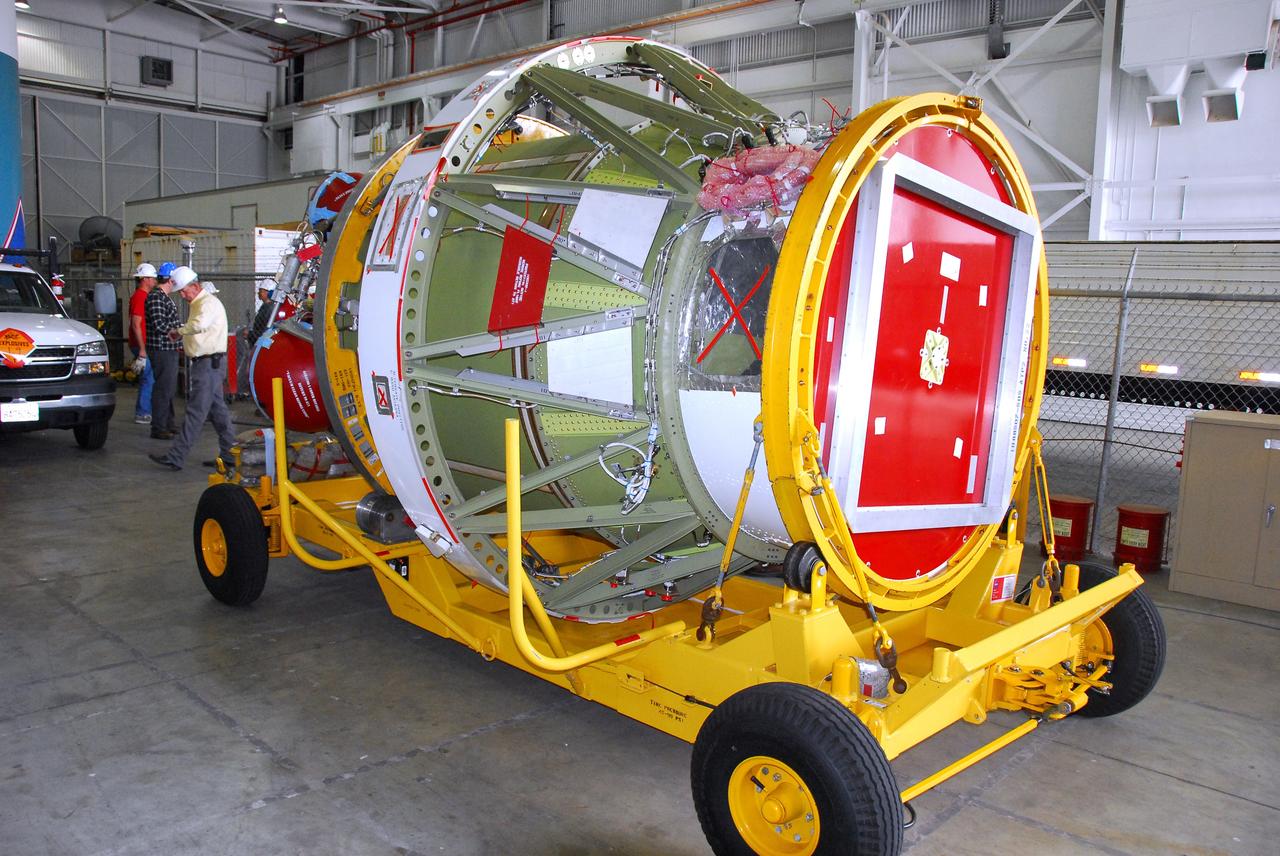 VANDENBERG AIR FORCE BASE, Calif. -- The second stage of a United Launch Alliance Delta II that will carry NASA's National Polar-orbiting Operational Environmental Satellite System Preparatory Project (NPP) satellite into space is prepared for its move from NASA Hangar 836 to Space Launch Complex-2 at Vandenberg Air Force Base in California.      NPP will be positioned 512 miles above the Earth's surface and will orbit about 16 times each day to observe nearly the entire globe. The NPP mission for NASA and the National Oceanic and Atmospheric Administration (NOAA) is to measure Earth's atmospheric and sea surface temperatures, humidity sounding, land and ocean biological activity, and cloud and aerosol properties. For more information, visit www.nasa.gov/NPP. Photo credit: NASA/VAFB