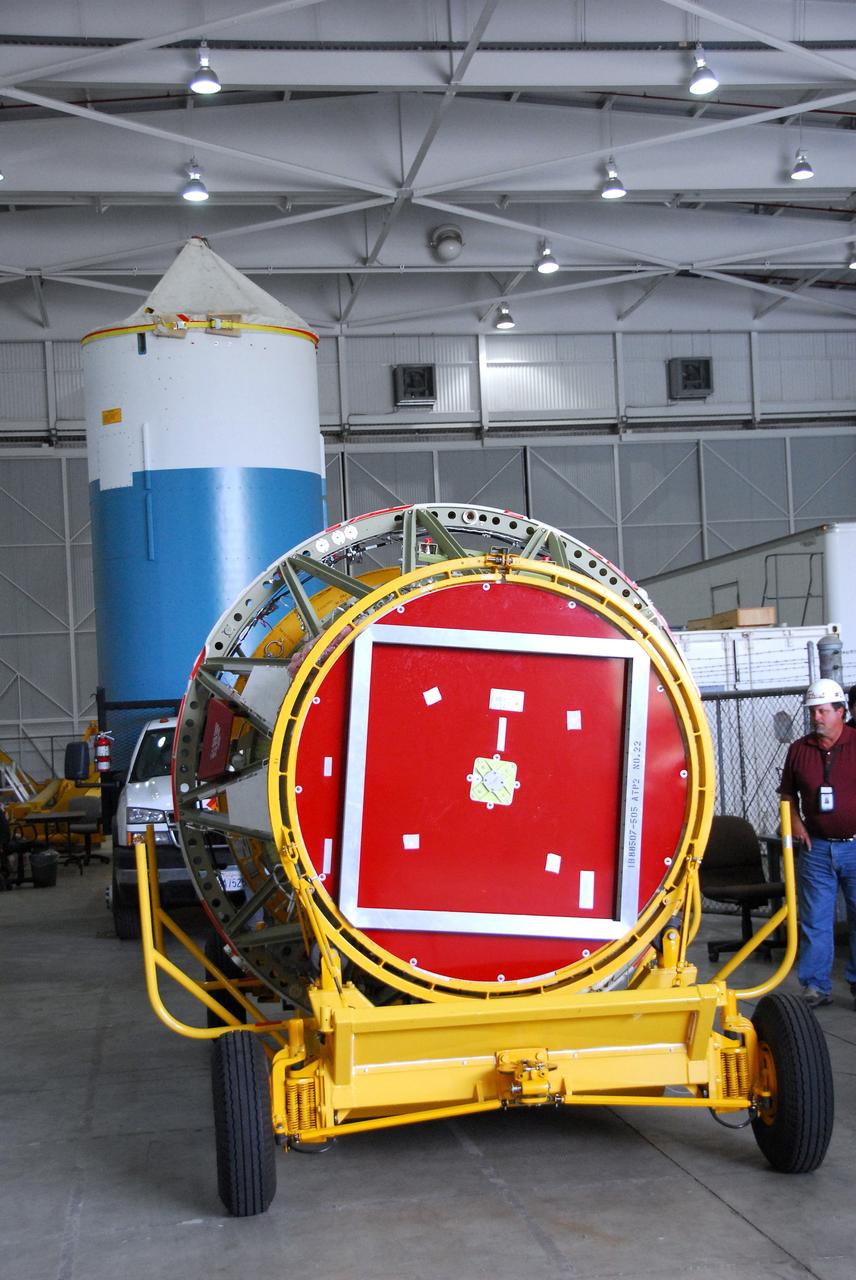 VANDENBERG AIR FORCE BASE, Calif. -- The second stage of a United Launch Alliance Delta II that will carry NASA's National Polar-orbiting Operational Environmental Satellite System Preparatory Project (NPP) satellite into space is prepared for its move from NASA Hangar 836 to Space Launch Complex-2 at Vandenberg Air Force Base in California.     NPP will be positioned 512 miles above the Earth's surface and will orbit about 16 times each day to observe nearly the entire globe. The NPP mission for NASA and the National Oceanic and Atmospheric Administration (NOAA) is to measure Earth's atmospheric and sea surface temperatures, humidity sounding, land and ocean biological activity, and cloud and aerosol properties. For more information, visit www.nasa.gov/NPP. Photo credit: NASA/VAFB