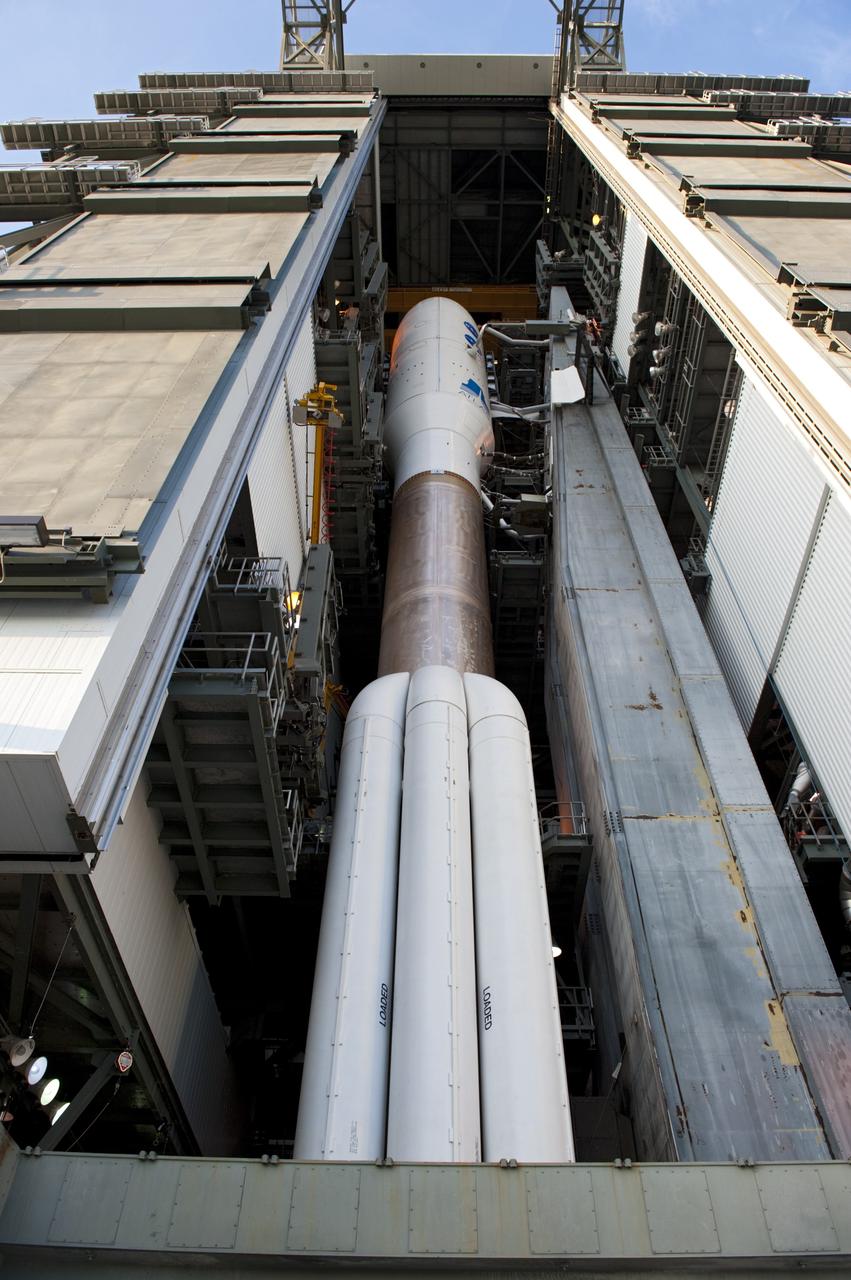 CAPE CANAVERAL, Fla. -- In the Vertical Integration Facility on Cape Canaveral Air Force Station in Florida, preparations are under way to roll the United Launch Alliance Atlas V-551 launch vehicle to Space Launch Complex 41. Atop the rocket is NASA's Juno spacecraft, enclosed in its payload fairing. Liftoff is planned during a launch window which extends from 11:34 a.m. to 12:43 p.m. EDT on Aug. 5. The solar-powered spacecraft will orbit Jupiter's poles 33 times to find out more about the gas giant's origins, structure, atmosphere and magnetosphere and investigate the existence of a solid planetary core. NASA's Jet Propulsion Laboratory, Pasadena, Calif., manages the Juno mission for the principal investigator, Scott Bolton, of Southwest Research Institute in San Antonio. The Juno mission is part of the New Frontiers Program managed at NASA's Marshall Space Flight Center in Huntsville, Ala. Lockheed Martin Space Systems, Denver, built the spacecraft. Launch management for the mission is the responsibility of NASA's Launch Services Program at the Kennedy Space Center in Florida. For more information, visit www.nasa.gov/juno. Photo credit: NASA/Kim Shiflett