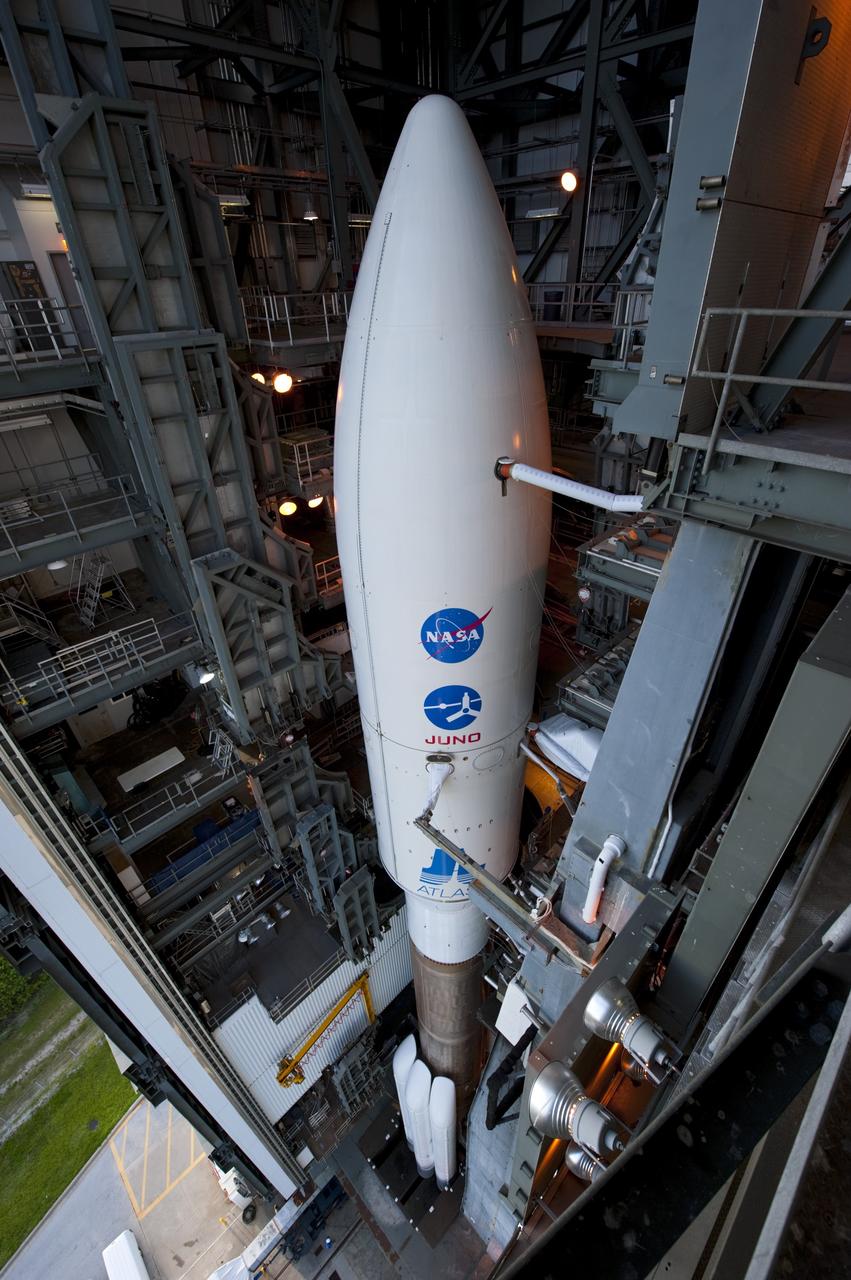CAPE CANAVERAL, Fla. -- In the Vertical Integration Facility on Cape Canaveral Air Force Station in Florida, processing of NASA's Juno spacecraft is complete and preparations are under way to move the United Launch Alliance Atlas V-551 launch vehicle to Space Launch Complex 41.    Liftoff is planned during a launch window which extends from 11:34 a.m. to 12:43 p.m. EDT on Aug. 5. The solar-powered spacecraft will orbit Jupiter's poles 33 times to find out more about the gas giant's origins, structure, atmosphere and magnetosphere and investigate the existence of a solid planetary core. NASA's Jet Propulsion Laboratory, Pasadena, Calif., manages the Juno mission for the principal investigator, Scott Bolton, of Southwest Research Institute in San Antonio. The Juno mission is part of the New Frontiers Program managed at NASA's Marshall Space Flight Center in Huntsville, Ala. Lockheed Martin Space Systems, Denver, built the spacecraft. Launch management for the mission is the responsibility of NASA's Launch Services Program at the Kennedy Space Center in Florida.  For more information, visit www.nasa.gov/juno. Photo credit: NASA/Kim Shiflett