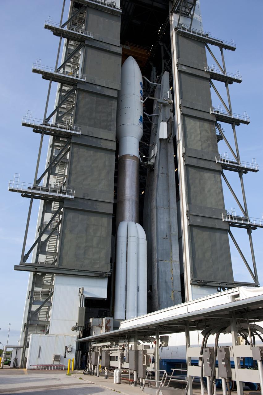 CAPE CANAVERAL, Fla. -- In the Vertical Integration Facility on Cape Canaveral Air Force Station in Florida, preparations are under way to roll the United Launch Alliance Atlas V-551 launch vehicle to Space Launch Complex 41.  Atop the rocket is NASA's Juno spacecraft, enclosed in its payload fairing.    Liftoff is planned during a launch window which extends from 11:34 a.m. to 12:43 p.m. EDT on Aug. 5. The solar-powered spacecraft will orbit Jupiter's poles 33 times to find out more about the gas giant's origins, structure, atmosphere and magnetosphere and investigate the existence of a solid planetary core. NASA's Jet Propulsion Laboratory, Pasadena, Calif., manages the Juno mission for the principal investigator, Scott Bolton, of Southwest Research Institute in San Antonio. The Juno mission is part of the New Frontiers Program managed at NASA's Marshall Space Flight Center in Huntsville, Ala. Lockheed Martin Space Systems, Denver, built the spacecraft. Launch management for the mission is the responsibility of NASA's Launch Services Program at the Kennedy Space Center in Florida.  For more information, visit www.nasa.gov/juno. Photo credit: NASA/Kim Shiflett