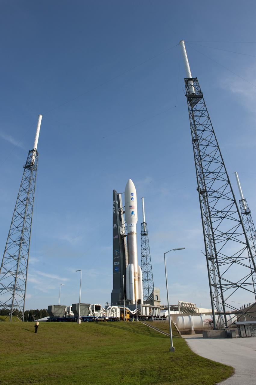 CAPE CANAVERAL, Fla. -- NASA's Juno spacecraft, enclosed in its payload fairing atop a United Launch Alliance Atlas V-551 launch vehicle, is in position on the launch pad at Space Launch Complex 41 on Cape Canaveral Air Force Station in Florida.    Liftoff is planned during a launch window which extends from 11:34 a.m. to 12:43 p.m. EDT on Aug. 5. The solar-powered spacecraft will orbit Jupiter's poles 33 times to find out more about the gas giant's origins, structure, atmosphere and magnetosphere and investigate the existence of a solid planetary core. NASA's Jet Propulsion Laboratory, Pasadena, Calif., manages the Juno mission for the principal investigator, Scott Bolton, of Southwest Research Institute in San Antonio. The Juno mission is part of the New Frontiers Program managed at NASA's Marshall Space Flight Center in Huntsville, Ala. Lockheed Martin Space Systems, Denver, built the spacecraft. Launch management for the mission is the responsibility of NASA's Launch Services Program at the Kennedy Space Center in Florida.  For more information, visit www.nasa.gov/juno. Photo credit: NASA/Kim Shiflett