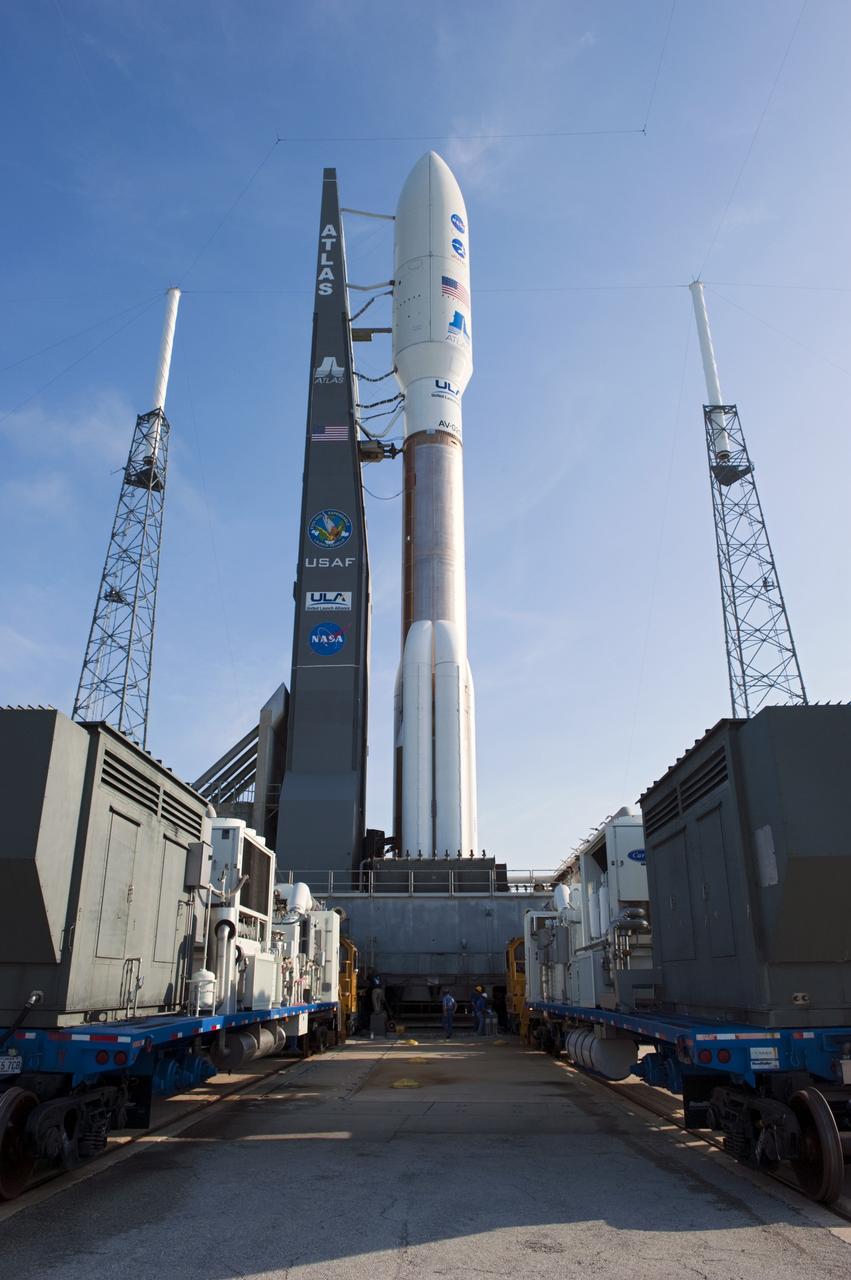 CAPE CANAVERAL, Fla. -- NASA's Juno spacecraft, enclosed in its payload fairing atop a United Launch Alliance Atlas V-551 launch vehicle, is newly arrived at Space Launch Complex 41 on Cape Canaveral Air Force Station in Florida.    Launch is planned during a launch window which extends from 11:34 a.m. to 12:43 p.m. EDT on Aug. 5. The solar-powered spacecraft will orbit Jupiter's poles 33 times to find out more about the gas giant's origins, structure, atmosphere and magnetosphere and investigate the existence of a solid planetary core. NASA's Jet Propulsion Laboratory, Pasadena, Calif., manages the Juno mission for the principal investigator, Scott Bolton, of Southwest Research Institute in San Antonio. The Juno mission is part of the New Frontiers Program managed at NASA's Marshall Space Flight Center in Huntsville, Ala. Lockheed Martin Space Systems, Denver, built the spacecraft. Launch management for the mission is the responsibility of NASA's Launch Services Program at the Kennedy Space Center in Florida.  For more information, visit www.nasa.gov/juno. Photo credit: NASA/Kim Shiflett