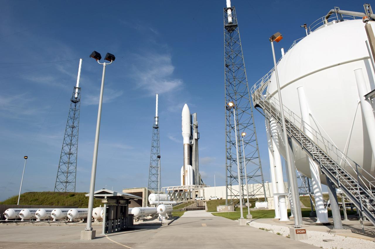 CAPE CANAVERAL, Fla. -- At Space Launch Complex 41 on Cape Canaveral Air Force Station in Florida, preparations are under way to launch a United Launch Alliance Atlas V-551 launch vehicle carrying NASA's Juno spacecraft.    Launch is planned during a launch window which extends from 11:34 a.m. to 12:43 p.m. EDT on Aug. 5. The solar-powered spacecraft will orbit Jupiter's poles 33 times to find out more about the gas giant's origins, structure, atmosphere and magnetosphere and investigate the existence of a solid planetary core. NASA's Jet Propulsion Laboratory, Pasadena, Calif., manages the Juno mission for the principal investigator, Scott Bolton, of Southwest Research Institute in San Antonio. The Juno mission is part of the New Frontiers Program managed at NASA's Marshall Space Flight Center in Huntsville, Ala. Lockheed Martin Space Systems, Denver, built the spacecraft. Launch management for the mission is the responsibility of NASA's Launch Services Program at the Kennedy Space Center in Florida.  For more information, visit www.nasa.gov/juno. Photo credit: NASA/Kim Shiflett