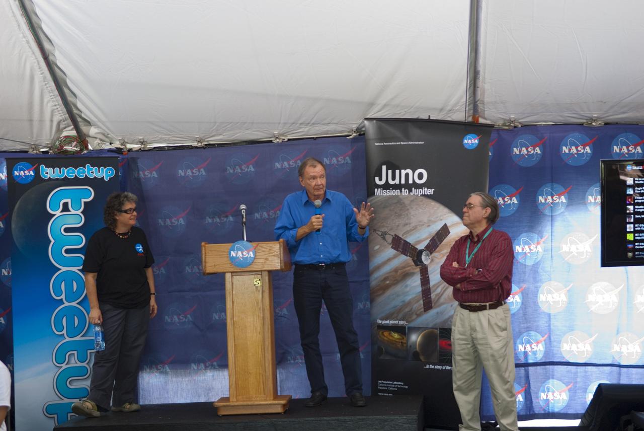 CAPE CANAVERAL, Fla. – At NASA’s Kennedy Space Center in Florida, Toby Owen, Juno co-investigator from the University of Hawaii, speaks to about 150 followers of the agency’s Twitter account during Juno Tweetup activities inside a tent at the Press Site. The tweeters are at the center for two days of prelaunch activities. Juno is NASA’s mission to Jupiter to study the giant planet and improve our understanding of the planet’s formation and evolution. The tweeters will share their experiences with followers through the social networking site Twitter.      Attendees represent 28 states, the District of Columbia and five other countries: Canada, Finland, Norway, Spain and the United Kingdom. This is the first time NASA has invited Twitter followers to experience the launch of a planetary spacecraft.  The Juno spacecraft is scheduled to launch on an Atlas V rocket from Space Launch Complex 41 at Cape Canaveral Air Force Station in Florida, Aug. 5, at 11:34 a.m. EDT.  For more information, visit http://www.nasa.gov/juno.  Photo credit: Jim Grossmann