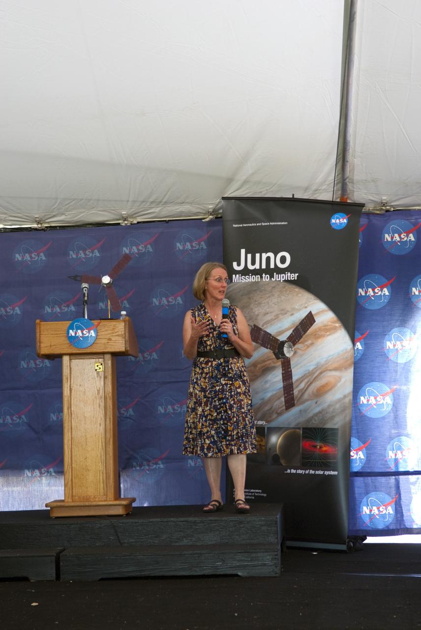 CAPE CANAVERAL, Fla. – At NASA’s Kennedy Space Center in Florida, Jan Chodas, Juno project manager from the Jet Propulsion Laboratory in Pasadena, Calif., speaks to about 150 followers of the agency’s Twitter account during Juno Tweetup activities inside a tent at the Press Site. The tweeters are at the center for two days of prelaunch activities. Juno is NASA’s mission to Jupiter to study the giant planet and improve our understanding of the planet’s formation and evolution. The tweeters will share their experiences with followers through the social networking site Twitter.     Attendees represent 28 states, the District of Columbia and five other countries: Canada, Finland, Norway, Spain and the United Kingdom. This is the first time NASA has invited Twitter followers to experience the launch of a planetary spacecraft.  The Juno spacecraft is scheduled to launch on an Atlas V rocket from Space Launch Complex 41 at Cape Canaveral Air Force Station in Florida, Aug. 5, at 11:34 a.m. EDT.  For more information, visit http://www.nasa.gov/juno.  Photo credit: Jim Grossmann