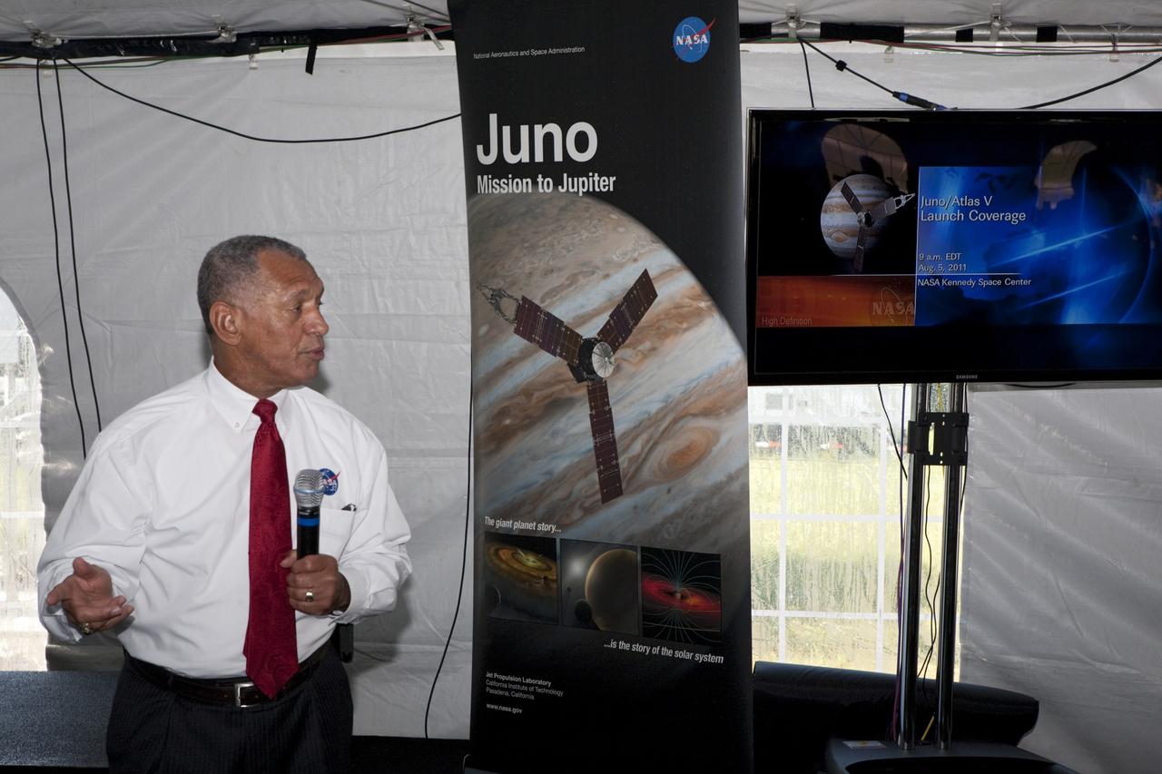 CAPE CANAVERAL, Fla. – At NASA’s Kennedy Space Center in Florida, NASA Administrator Charles Bolden speaks to about 150 followers of the agency’s Twitter account during Juno Tweetup activities inside a tent at the Press Site. The tweeters are at the center for two days of prelaunch activities. Juno is NASA’s mission to Jupiter to study the giant planet and improve our understanding of the planet’s formation and evolution. The tweeters will share their experiences with followers through the social networking site Twitter.    Attendees represent 28 states, the District of Columbia and five other countries: Canada, Finland, Norway, Spain and the United Kingdom. This is the first time NASA has invited Twitter followers to experience the launch of a planetary spacecraft.  The Juno spacecraft is scheduled to launch on an Atlas V rocket from Space Launch Complex 41 at Cape Canaveral Air Force Station in Florida, Aug. 5, at 11:34 a.m. EDT.  For more information, visit http://www.nasa.gov/juno.  Photo credit: NASA/Gianni M. Woods