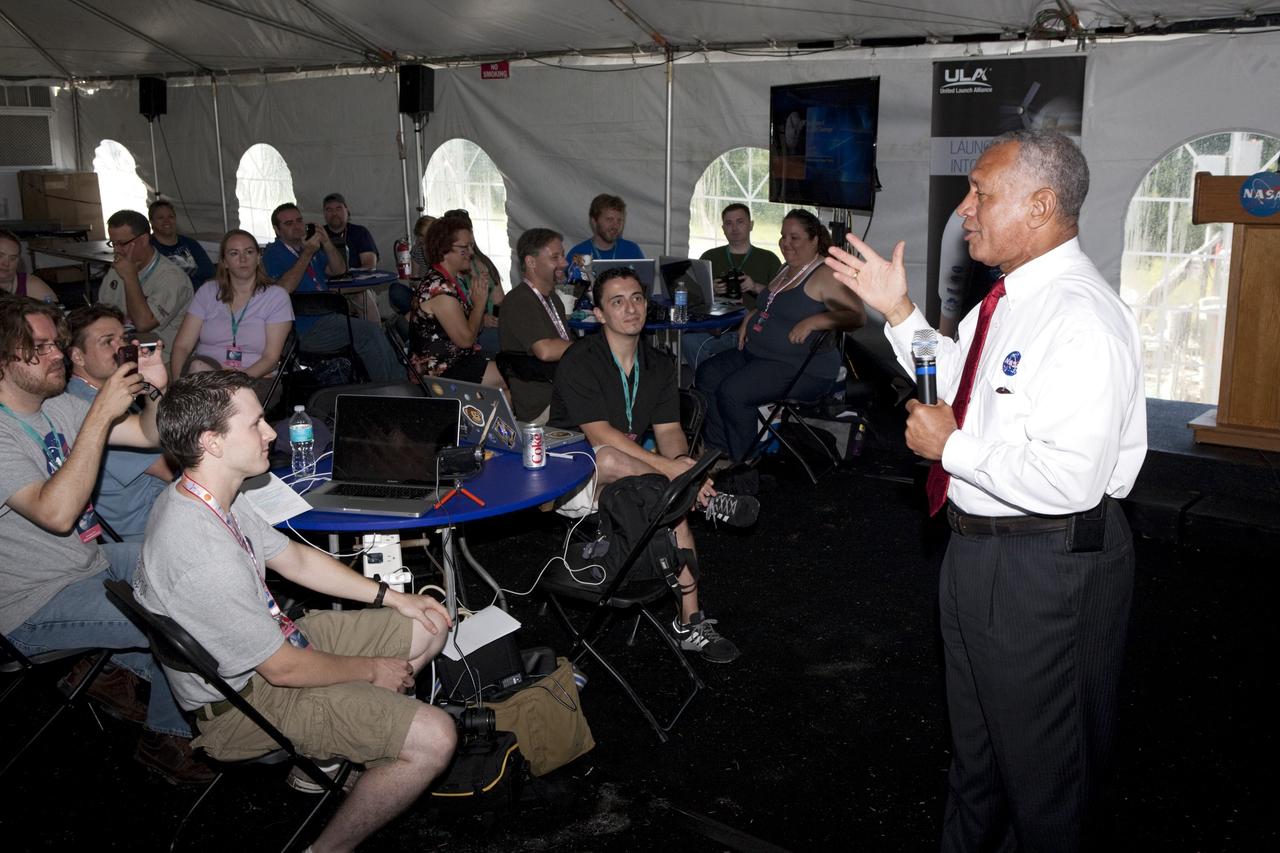 CAPE CANAVERAL, Fla. – At NASA’s Kennedy Space Center in Florida, NASA Administrator Charles Bolden speaks to about 150 followers of the agency’s Twitter account during Juno Tweetup activities inside a tent at the Press Site. The tweeters are at the center for two days of prelaunch activities. Juno is NASA’s mission to Jupiter to study the giant planet and improve our understanding of the planet’s formation and evolution. The tweeters will share their experiences with followers through the social networking site Twitter.    Attendees represent 28 states, the District of Columbia and five other countries: Canada, Finland, Norway, Spain and the United Kingdom. This is the first time NASA has invited Twitter followers to experience the launch of a planetary spacecraft.  The Juno spacecraft is scheduled to launch on an Atlas V rocket from Space Launch Complex 41 at Cape Canaveral Air Force Station in Florida, Aug. 5, at 11:34 a.m. EDT.  For more information, visit http://www.nasa.gov/juno.  Photo credit: NASA/Gianni M. Woods