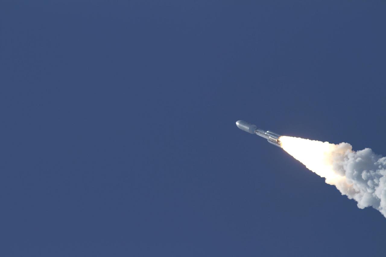 CAPE CANAVERAL, Fla. -- The United Launch Alliance Atlas V-551 launch vehicle sending NASA's Juno planetary probe on its five-year journey to Jupiter is off to a roaring start from Space Launch Complex 41 on Cape Canaveral Air Force Station in Florida.    Liftoff was at 12:25 p.m. EDT Aug. 5. The solar-powered spacecraft will orbit Jupiter's poles 33 times to find out more about the gas giant's origins, structure, atmosphere and magnetosphere and investigate the existence of a solid planetary core. NASA's Jet Propulsion Laboratory, Pasadena, Calif., manages the Juno mission for the principal investigator, Scott Bolton, of Southwest Research Institute in San Antonio. The Juno mission is part of the New Frontiers Program managed at NASA's Marshall Space Flight Center in Huntsville, Ala. Lockheed Martin Space Systems, Denver, built the spacecraft. Launch management for the mission is the responsibility of NASA's Launch Services Program at the Kennedy Space Center in Florida.  For more information, visit www.nasa.gov/juno. Photo credit: NASA/George Roberts and Rusty Backer