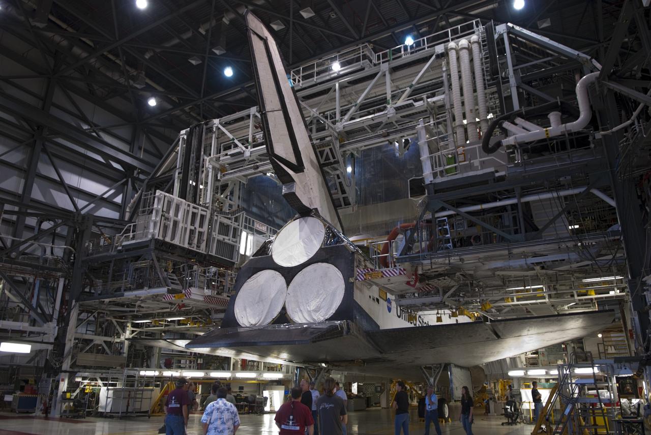CAPE CANAVERAL, Fla. -- At NASA's Kennedy Space Center in Florida, preparations are under way to move space shuttle Endeavour from Orbiter Processing Facility-1 (OPF-1) to the Vehicle Assembly Building (VAB).  Endeavour is switching places with shuttle Discovery which temporarily has been stored in the VAB.  Both shuttles will stop briefly outside OPF-3 for a "nose-to-nose" photo opportunity. Discovery then will be rolled into OPF-1 and Endeavour into the VAB.    In OPF-1, Discovery will undergo further preparations for public display at the Smithsonian's National Air and Space Museum Steven F. Udvar-Hazy Center in Virginia. Endeavour will be stored in the VAB until October when it will be moved into OPF-2 for further work to get it ready for public display at the California Science Center in Los Angeles.  For more information, visit http://www.nasa.gov/shuttle. Photo credit: NASA/Jim Grossmann