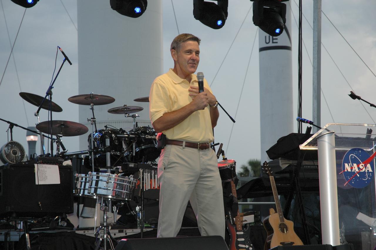 CAPE CANAVERAL, Fla. -- Kennedy Space Center Director Bob Cabana welcomes current and former space shuttle workers and their families to the “We Made History! Shuttle Program Celebration,” Aug. 13, at the Kennedy Space Center Visitor Complex, Fla. The event was held to honor shuttle workers’ dedication to NASA’s Space Shuttle Program and to celebrate 30 years of space shuttle achievements. The event featured food, music, entertainment, astronaut appearances, educational activities, giveaways, and Starfire Night Skyshow. Photo credit: Gianni Woods
