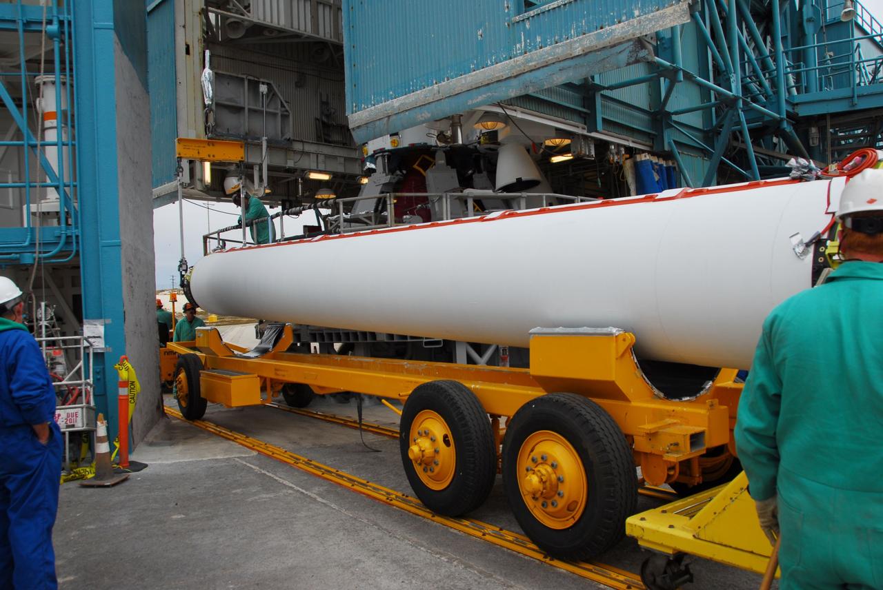 VANDENBERG AIR FORCE BASE, Calif. -- At Vandenberg Air Force Base in California, a solid rocket motor for the United Launch Alliance Delta II that will carry NASA's National Polar-orbiting Operational Environmental Satellite System Preparatory Project (NPP) satellite arrives at NASA's Space Launch Complex-2. NPP represents a critical first step in building the next-generation of Earth-observing satellites. NPP will carry the first of the new sensors developed for this satellite fleet, now known as the Joint Polar Satellite System (JPSS) to be launched in 2016. NPP is the bridge between NASA's Earth Observing System (EOS) satellites and the forthcoming series of JPSS satellites. The mission will test key technologies and instruments for the JPSS missions. NPP is targeted to launch Oct. 25. For more information, visit http://www.nasa.gov/NPP. Photo credit: NASA/VAFB, Dan Liberotti