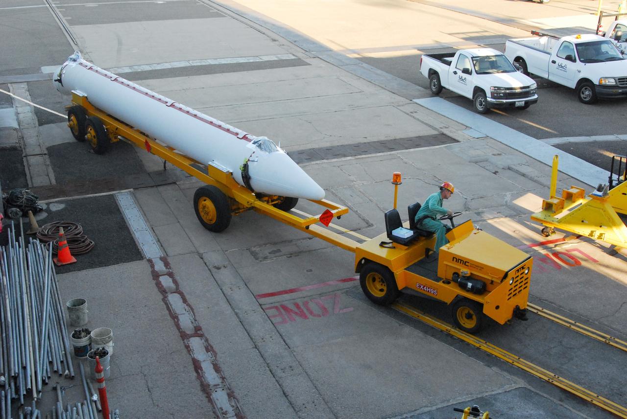 VANDENBERG AIR FORCE BASE, Calif. -- At Vandenberg Air Force Base in California, a solid rocket motor for the United Launch Alliance Delta II that will carry NASA’s National Polar-orbiting Operational Environmental Satellite System Preparatory Project (NPP) satellite into space arrives at NASA’s Space Launch Complex-2. NPP represents a critical first step in building the next-generation of Earth-observing satellites. NPP will carry the first of the new sensors developed for this satellite fleet, now known as the Joint Polar Satellite System (JPSS) to be launched in 2016. NPP is the bridge between NASA's Earth Observing System (EOS) satellites and the forthcoming series of JPSS satellites. The mission will test key technologies and instruments for the JPSS missions. NPP is targeted to launch Oct. 25. For more information, visit http://www.nasa.gov/NPP. Photo credit: NASA/VAFB, Mark Mackley
