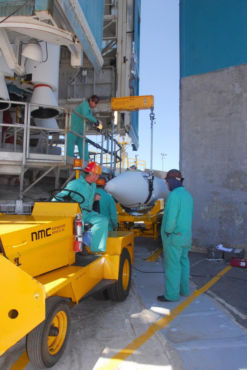 VANDENBERG AIR FORCE BASE, Calif. -- At Vandenberg Air Force Base in California, a solid rocket motor for the United Launch Alliance Delta II that will carry NASA’s National Polar-orbiting Operational Environmental Satellite System Preparatory Project (NPP) satellite into space arrives at NASA’s Space Launch Complex-2. NPP represents a critical first step in building the next-generation of Earth-observing satellites. NPP will carry the first of the new sensors developed for this satellite fleet, now known as the Joint Polar Satellite System (JPSS) to be launched in 2016. NPP is the bridge between NASA's Earth Observing System (EOS) satellites and the forthcoming series of JPSS satellites. The mission will test key technologies and instruments for the JPSS missions. NPP is targeted to launch Oct. 25. For more information, visit http://www.nasa.gov/NPP. Photo credit: NASA/VAFB, Mark Mackley