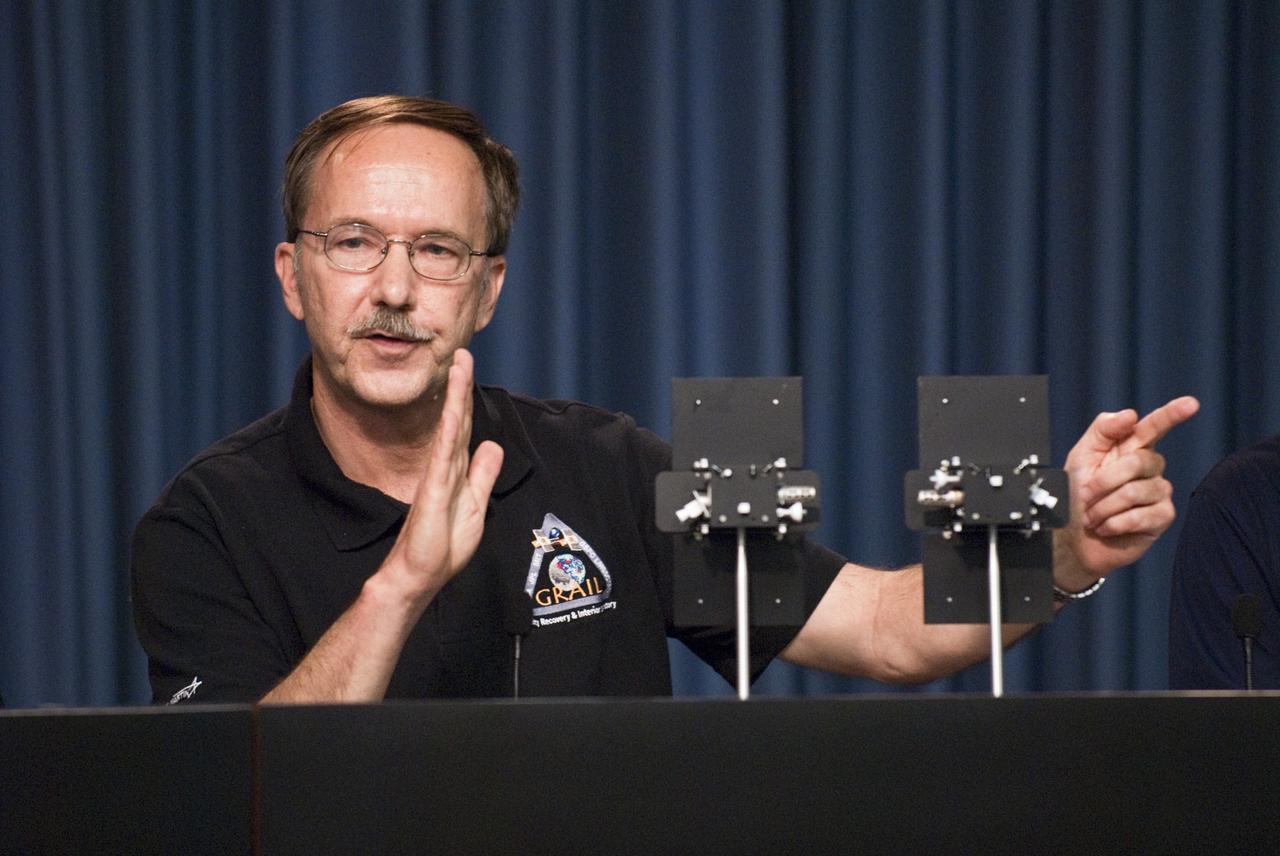 CAPE CANAVERAL, Fla. – John Henk, GRAIL program manager, Lockheed Martin Space Systems, Denver, Colo., participates in the Gravity Recovery and Interior Laboratory (GRAIL) prelaunch news conference in the NASA Press Site auditorium at NASA's Kennedy Space Center in Florida. GRAIL is scheduled to launch Sept. 8 aboard a United Launch Alliance Delta II Heavy rocket from Cape Canaveral Air Force Station in Florida.    GRAIL will fly twin spacecraft in tandem around the moon to precisely measure and map variations in the moon's gravitational field. The mission will provide the most accurate global gravity field to date for any planet, including Earth. This detailed information will reveal differences in the density of the moon's crust and mantle and will help answer fundamental questions about the moon's internal structure, thermal evolution, and history of collisions with asteroids. The aim is to map the moon's gravity field so completely that future moon vehicles can safely navigate anywhere on the moon’s surface. For more information, visit http://www.nasa.gov/grail. Photo credit: NASA/Kim Shiflett