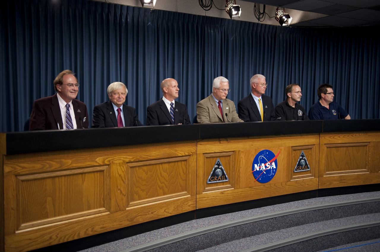 CAPE CANAVERAL, Fla. – A Gravity Recovery and Interior Laboratory (GRAIL) prelaunch news conference is held in the NASA Press Site auditorium at NASA's Kennedy Space Center in Florida. From left are George Diller, NASA Public Affairs; Ed Weiler, NASA associate administrator, Science Mission Directorate; Tim Dunn, NASA launch director for the agency’s Launch Services Program; Vernon Thorp, program manager, NASA Missions, United Launch Alliance; David Lehman, GRAIL project manager, NASA’s Jet Propulsion Laboratory; John Henk, GRAIL program manager, Lockheed Martin Space Systems, Denver, Colo.; and Joel Tumbiolo, launch weather officer, 45th Weather Squadron, Cape Canaveral Air Force Station, Fla. GRAIL is scheduled to launch Sept. 8 aboard a United Launch Alliance Delta II Heavy rocket from Cape Canaveral Air Force Station in Florida.    GRAIL will fly twin spacecraft in tandem around the moon to precisely measure and map variations in the moon's gravitational field. The mission will provide the most accurate global gravity field to date for any planet, including Earth. This detailed information will reveal differences in the density of the moon's crust and mantle and will help answer fundamental questions about the moon's internal structure, thermal evolution, and history of collisions with asteroids. The aim is to map the moon's gravity field so completely that future moon vehicles can safely navigate anywhere on the moon’s surface. For more information, visit http://www.nasa.gov/grail. Photo credit: NASA/Kim Shiflett