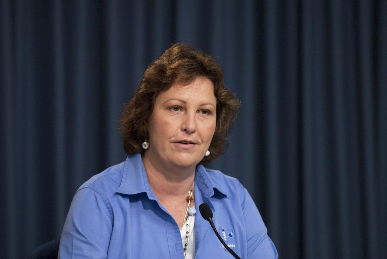 CAPE CANAVERAL, Fla. – – Leesa Hubbard, teacher in residence, Sally Ride Science, San Diego, participates in the Gravity Recovery and Interior Laboratory (GRAIL) mission science briefing in the NASA Press Site auditorium at NASA's Kennedy Space Center in Florida. GRAIL is scheduled to launch Sept. 8 aboard a United Launch Alliance Delta II Heavy rocket from Cape Canaveral Air Force Station in Florida.    GRAIL will fly twin spacecraft in tandem around the moon to precisely measure and map variations in the moon's gravitational field. The mission will provide the most accurate global gravity field to date for any planet, including Earth. This detailed information will reveal differences in the density of the moon's crust and mantle and will help answer fundamental questions about the moon's internal structure, thermal evolution, and history of collisions with asteroids. The aim is to map the moon's gravity field so completely that future moon vehicles can safely navigate anywhere on the moon’s surface. For more information, visit http://www.nasa.gov/grail. Photo credit: NASA/Kim Shiflett