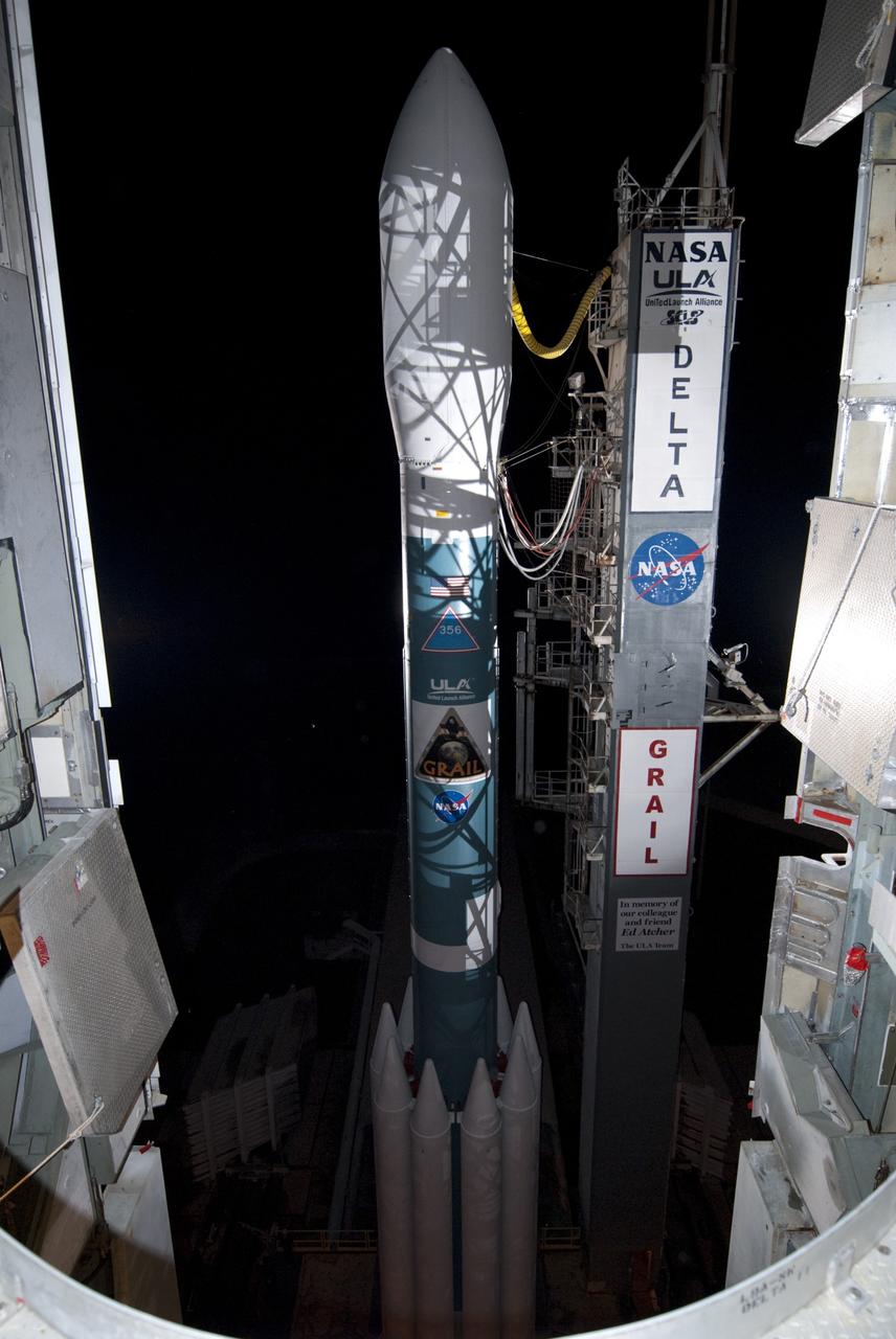 CAPE CANAVERAL, Fla. -- At Space Launch Complex 17B on Cape Canaveral Air Force Station, preparations are under way to roll the mobile service tower away from the United Launch Alliance Delta II rocket that will launch NASA's Gravity Recovery and Interior Laboratory mission.    GRAIL will fly twin spacecraft in tandem around the moon to precisely measure and map variations in the moon's gravitational field. The mission will provide the most accurate global gravity field to date for any planet, including Earth. This detailed information will reveal differences in the density of the moon's crust and mantle and will help answer fundamental questions about the moon's internal structure, thermal evolution, and history of collisions with asteroids. The aim is to map the moon's gravity field so completely that future lunar vehicles can safely navigate anywhere on the moon’s surface.  Launch is scheduled for 8:37:06 a.m. EDT Sept. 8.  For more information, visit http://www.nasa.gov/grail. Photo credit: NASA/Kim Shiflett