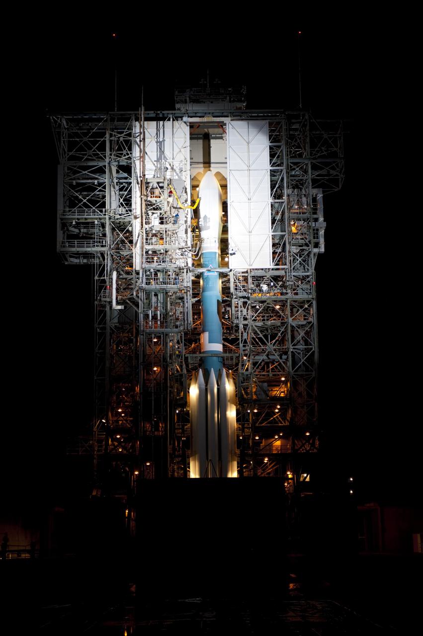 CAPE CANAVERAL, Fla. -- At Space Launch Complex 17B on Cape Canaveral Air Force Station, final preparations are made to roll the mobile service tower away from the United Launch Alliance Delta II rocket that will launch NASA's Gravity Recovery and Interior Laboratory mission.    GRAIL will fly twin spacecraft in tandem around the moon to precisely measure and map variations in the moon's gravitational field. The mission will provide the most accurate global gravity field to date for any planet, including Earth. This detailed information will reveal differences in the density of the moon's crust and mantle and will help answer fundamental questions about the moon's internal structure, thermal evolution, and history of collisions with asteroids. The aim is to map the moon's gravity field so completely that future lunar vehicles can safely navigate anywhere on the moon’s surface.  Launch is scheduled for 8:37:06 a.m. EDT Sept. 8.  For more information, visit http://www.nasa.gov/grail. Photo credit: NASA/Kim Shiflett
