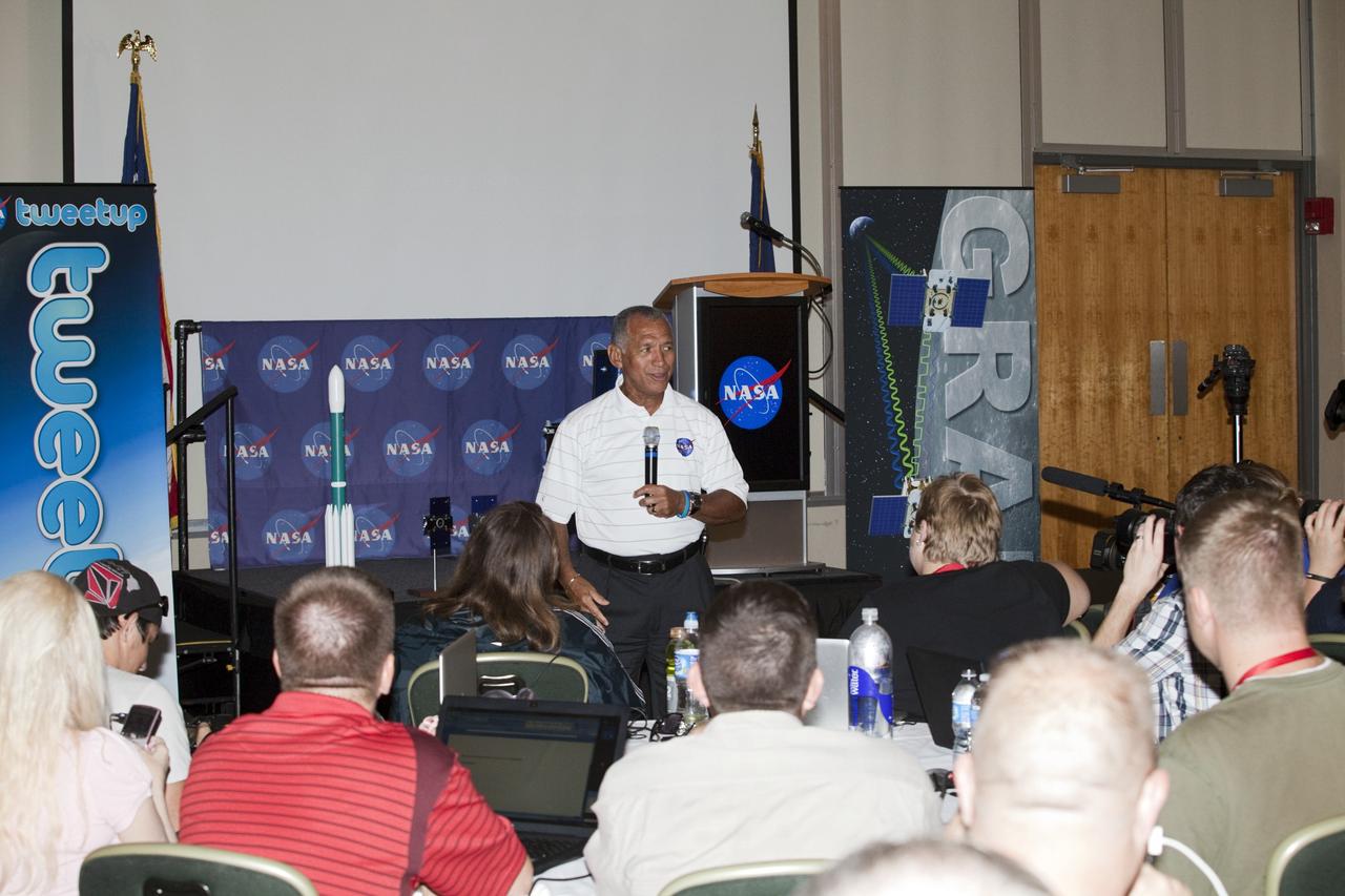 CAPE CANAVERAL, Fla. – NASA Administrator Charlie Bolden speaks to a group of Tweetup participants at the Kennedy Space Center Visitor Complex in Florida during prelaunch activities for the agency’s Gravity Recovery and Interior Laboratory (GRAIL) mission. Participants toured NASA’s Kennedy Space Center and got a close-up view of Space Launch Complex 17B at Cape Canaveral Air Force Station. The tweeters will share their experiences with followers through the social networking site Twitter. GRAIL will fly twin spacecraft in tandem around the moon to precisely measure and map variations in the moon’s gravitational field. The mission will provide the most accurate global gravity field to date for any planet, including Earth. This detailed information will reveal differences in the density of the moon’s crust and mantle and will help answer fundamental questions about the moon’s internal structure, thermal evolution, and history of collisions with asteroids. The aim is to map the moon’s gravity field so completely that future lunar vehicles can safely navigate anywhere on the moon’s surface. Launch is scheduled for 8:37:06 a.m. EDT Sept. 8. For more information, visit http://www.nasa.gov/grail. Photo credit: NASA/Gianni Woods