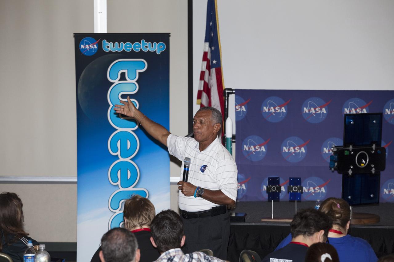 CAPE CANAVERAL, Fla. – NASA Administrator Charlie Bolden speaks to a group of Tweetup participants at the Kennedy Space Center Visitor Complex in Florida during prelaunch activities for the agency’s Gravity Recovery and Interior Laboratory (GRAIL) mission. Participants toured NASA’s Kennedy Space Center and got a close-up view of Space Launch Complex 17B at Cape Canaveral Air Force Station. The tweeters will share their experiences with followers through the social networking site Twitter. GRAIL will fly twin spacecraft in tandem around the moon to precisely measure and map variations in the moon’s gravitational field. The mission will provide the most accurate global gravity field to date for any planet, including Earth. This detailed information will reveal differences in the density of the moon’s crust and mantle and will help answer fundamental questions about the moon’s internal structure, thermal evolution, and history of collisions with asteroids. The aim is to map the moon’s gravity field so completely that future lunar vehicles can safely navigate anywhere on the moon’s surface. Launch is scheduled for 8:37:06 a.m. EDT Sept. 8. For more information, visit http://www.nasa.gov/grail. Photo credit: NASA/Gianni Woods