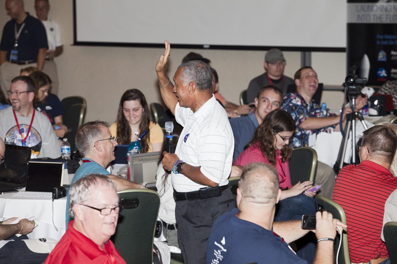 CAPE CANAVERAL, Fla. – NASA Administrator Charlie Bolden shares a humorous moment with a group of Tweetup participants at the Kennedy Space Center Visitor Complex in Florida during prelaunch activities for the agency’s Gravity Recovery and Interior Laboratory (GRAIL) mission. Participants toured NASA’s Kennedy Space Center and got a close-up view of Space Launch Complex 17B at Cape Canaveral Air Force Station. The tweeters will share their experiences with followers through the social networking site Twitter. GRAIL will fly twin spacecraft in tandem around the moon to precisely measure and map variations in the moon’s gravitational field. The mission will provide the most accurate global gravity field to date for any planet, including Earth. This detailed information will reveal differences in the density of the moon’s crust and mantle and will help answer fundamental questions about the moon’s internal structure, thermal evolution, and history of collisions with asteroids. The aim is to map the moon’s gravity field so completely that future lunar vehicles can safely navigate anywhere on the moon’s surface. Launch is scheduled for 8:37:06 a.m. EDT Sept. 8. For more information, visit http://www.nasa.gov/grail. Photo credit: NASA/Gianni Woods