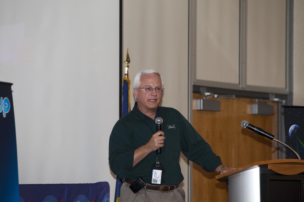 CAPE CANAVERAL, Fla. – Vern Thorp, manager of NASA Programs with United Launch Alliance, speaks to a group of Tweetup participants at the Kennedy Space Center Visitor Complex in Florida during prelaunch activities for the agency’s Gravity Recovery and Interior Laboratory (GRAIL) mission. Participants toured NASA’s Kennedy Space Center and got a close-up view of Space Launch Complex 17B at Cape Canaveral Air Force Station. The tweeters will share their experiences with followers through the social networking site Twitter. GRAIL will fly twin spacecraft in tandem around the moon to precisely measure and map variations in the moon’s gravitational field. The mission will provide the most accurate global gravity field to date for any planet, including Earth. This detailed information will reveal differences in the density of the moon’s crust and mantle and will help answer fundamental questions about the moon’s internal structure, thermal evolution, and history of collisions with asteroids. The aim is to map the moon’s gravity field so completely that future lunar vehicles can safely navigate anywhere on the moon’s surface. Launch is scheduled for 8:37:06 a.m. EDT Sept. 8. For more information, visit http://www.nasa.gov/grail. Photo credit: NASA/Gianni Woods