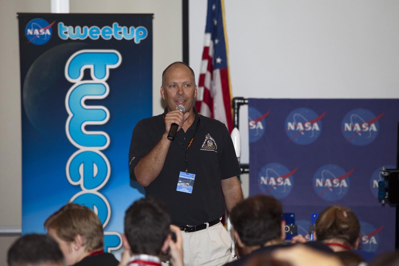 CAPE CANAVERAL, Fla. – Stu Spath, chief spacecraft engineer with Lockheed Martin, speaks to a group of Tweetup participants at the Kennedy Space Center Visitor Complex in Florida during prelaunch activities for the agency’s Gravity Recovery and Interior Laboratory (GRAIL) mission. Participants toured NASA’s Kennedy Space Center and got a close-up view of Space Launch Complex 17B at Cape Canaveral Air Force Station. The tweeters will share their experiences with followers through the social networking site Twitter. GRAIL will fly twin spacecraft in tandem around the moon to precisely measure and map variations in the moon’s gravitational field. The mission will provide the most accurate global gravity field to date for any planet, including Earth. This detailed information will reveal differences in the density of the moon’s crust and mantle and will help answer fundamental questions about the moon’s internal structure, thermal evolution, and history of collisions with asteroids. The aim is to map the moon’s gravity field so completely that future lunar vehicles can safely navigate anywhere on the moon’s surface. Launch is scheduled for 8:37:06 a.m. EDT Sept. 8. For more information, visit http://www.nasa.gov/grail. Photo credit: NASA/Gianni Woods