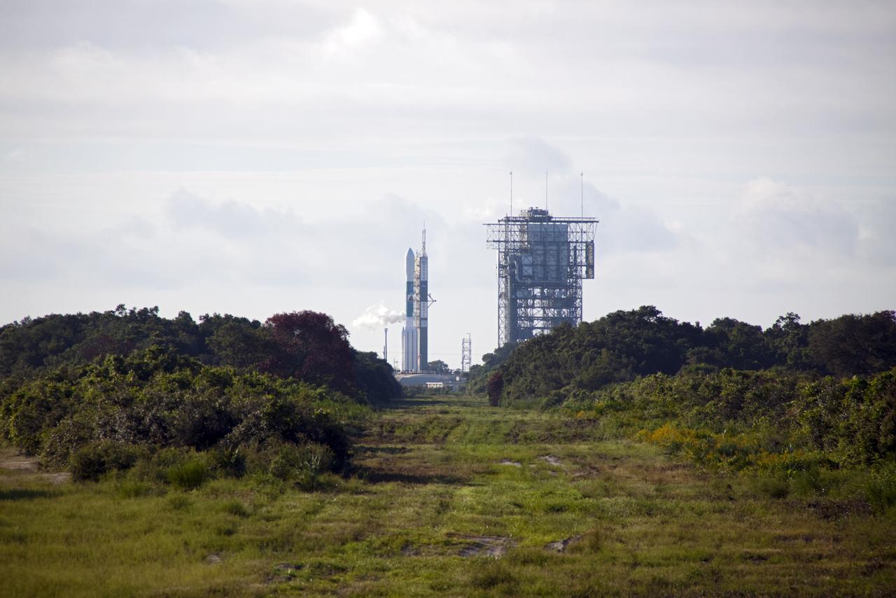 CAPE CANAVERAL, Fla. -- NASA's Gravity Recovery and Interior Laboratory mission is readied for liftoff aboard a United Launch Alliance Delta II Heavy rocket from Space Launch Complex 17B on Cape Canaveral Air Force Station.     GRAIL will fly twin spacecraft in tandem around the moon to precisely measure and map variations in the moon's gravitational field. The mission will provide the most accurate global gravity field to date for any planet, including Earth. This detailed information will reveal differences in the density of the moon's crust and mantle and will help answer fundamental questions about the moon's internal structure, thermal evolution, and history of collisions with asteroids. The aim is to map the moon's gravity field so completely that future lunar vehicles can safely navigate anywhere on the moon’s surface.  Launch is scheduled for 8:37:06 a.m. EDT Sept. 8.  For more information, visit http://www.nasa.gov/grail. Photo credit: NASA