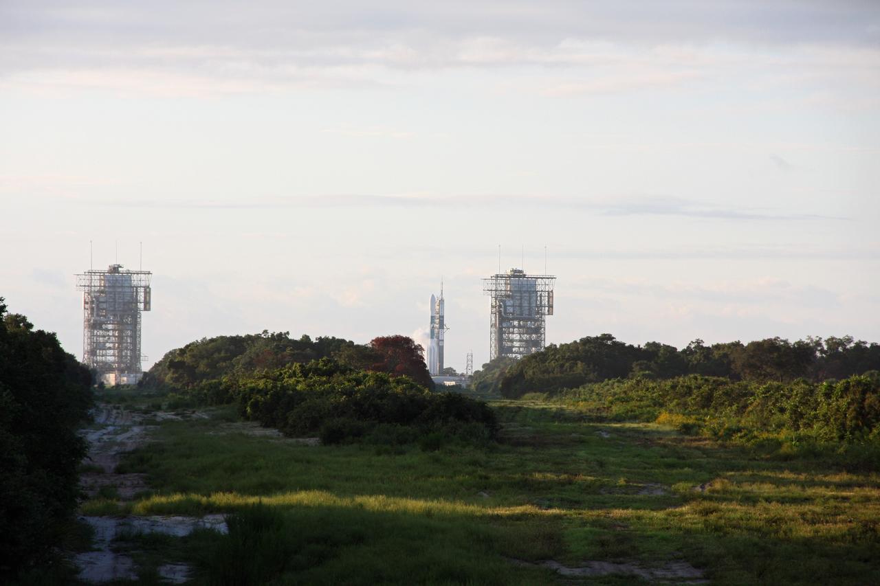 CAPE CANAVERAL, Fla. -- The countdown to launch of the United Launch Alliance Delta II Heavy rocket for NASA's Gravity Recovery and Interior Laboratory mission is winding down at Space Launch Complex 17B on Cape Canaveral Air Force Station.  Liftoff is scheduled for 8:37:06 a.m. EDT.    GRAIL will fly twin spacecraft in tandem around the moon to precisely measure and map variations in the moon's gravitational field. The mission will provide the most accurate global gravity field to date for any planet, including Earth. This detailed information will reveal differences in the density of the moon's crust and mantle and will help answer fundamental questions about the moon's internal structure, thermal evolution, and history of collisions with asteroids. The aim is to map the moon's gravity field so completely that future lunar vehicles can safely navigate anywhere on the moon’s surface.  For more information, visit http://www.nasa.gov/grail. Photo credit: NASA/Ken Thornsley