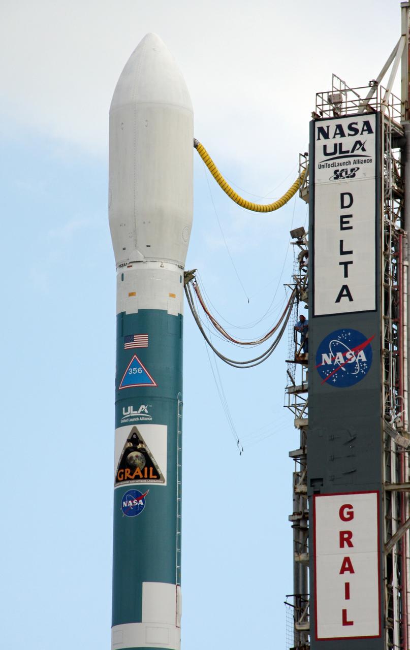 CAPE CANAVERAL, Fla. – At Space Launch Complex 17B on Cape Canaveral Air Force Station, the United Launch Alliance Delta II heavy rocket that will launch NASA's Gravity Recovery and Interior Laboratory spacecraft is rolled back around to the mobile service tower after the first launch attempt was scrubbed due to upper-level winds. GRAIL is scheduled for another launch attempt Sept.10 at 8:29:45 a.m. EDT.    GRAIL will fly twin spacecraft in tandem around the moon to precisely measure and map variations in the moon's gravitational field. The mission will provide the most accurate global gravity field to date for any planet, including Earth. This detailed information will reveal differences in the density of the moon's crust and mantle and will help answer fundamental questions about the moon's internal structure, thermal evolution, and history of collisions with asteroids. The aim is to map the moon's gravity field so completely that future moon vehicles can safely navigate anywhere on the moon’s surface. For more information, visit http://www.nasa.gov/grail. Photo credit: NASA/Ken Thornsley