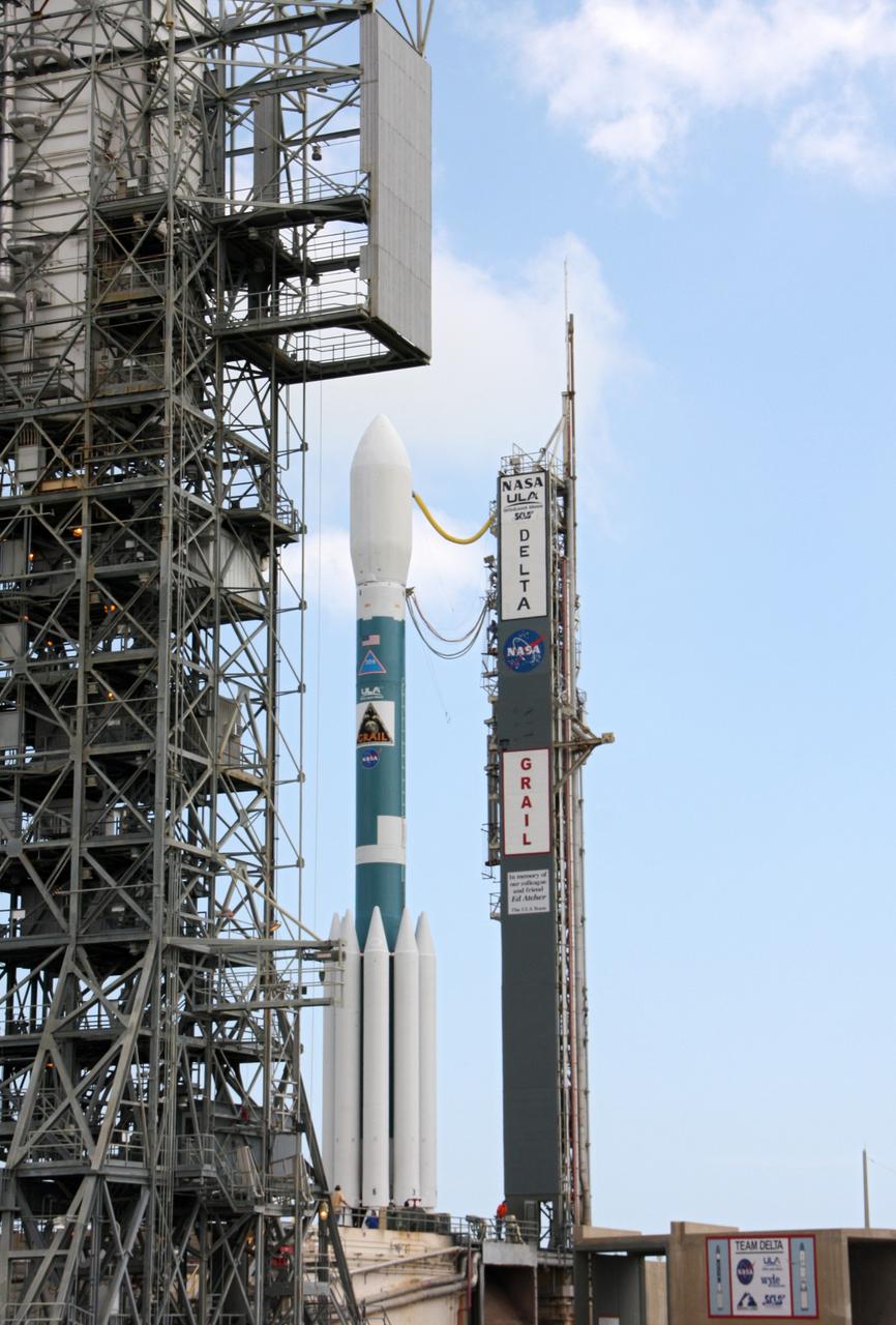 CAPE CANAVERAL, Fla. – At Space Launch Complex 17B on Cape Canaveral Air Force Station, the United Launch Alliance Delta II heavy rocket that will launch NASA's Gravity Recovery and Interior Laboratory spacecraft is rolled back around to the mobile service tower after the first launch attempt was scrubbed due to upper-level winds. GRAIL is scheduled for another launch attempt Sept.10 at 8:29:45 a.m. EDT.    GRAIL will fly twin spacecraft in tandem around the moon to precisely measure and map variations in the moon's gravitational field. The mission will provide the most accurate global gravity field to date for any planet, including Earth. This detailed information will reveal differences in the density of the moon's crust and mantle and will help answer fundamental questions about the moon's internal structure, thermal evolution, and history of collisions with asteroids. The aim is to map the moon's gravity field so completely that future moon vehicles can safely navigate anywhere on the moon’s surface. For more information, visit http://www.nasa.gov/grail. Photo credit: NASA/Ken Thornsley