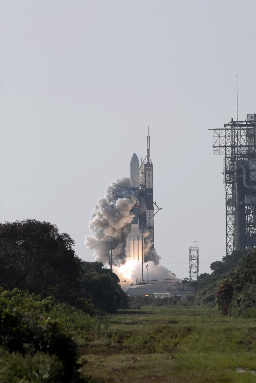 CAPE CANAVERAL, Fla. – Rising from fire and smoke, the United Launch Alliance Delta II Heavy rocket lifted off at 9:08 a.m. EDT Sept. 10 from Space Launch Complex 17B on Cape Canaveral Air Force Station in Florida carrying NASA’s twin Gravity Recovery and Interior Laboratory (GRAIL) mission to the moon.    GRAIL will fly twin spacecraft in tandem around the moon to precisely measure and map variations in the moon's gravitational field. The mission will provide the most accurate global gravity field to date for any planet, including Earth. This detailed information will reveal differences in the density of the moon's crust and mantle and will help answer fundamental questions about the moon's internal structure, thermal evolution, and history of collisions with asteroids. The aim is to map the moon's gravity field so completely that future moon vehicles can safely navigate anywhere on the moon’s surface. For more information, visit http://www.nasa.gov/grail. Photo credit: NASA/Kim Shiflett