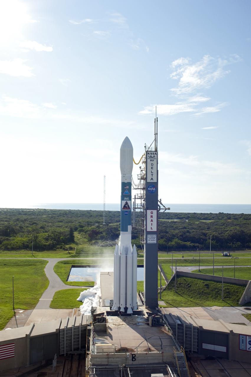 CAPE CANAVERAL, Fla. – Overlooking the Central Florida coast, engine ignition begins liftoff of the United Launch Alliance Delta II Heavy rocket carrying NASA’s twin Gravity Recovery and Interior Laboratory (GRAIL) mission off Space Launch Complex 17B on Cape Canaveral Air Force Station. The spacecraft launched at 9:08:52 a.m. EDT Sept. 10. GRAIL-A will separate from the second stage of the rocket at about one hour, 21 minutes after liftoff, followed by GRAIL-B at 90 minutes after launch. The spacecraft are embarking on a three-month journey to reach the moon.    GRAIL will fly twin spacecraft in tandem around the moon to precisely measure and map variations in the moon's gravitational field. The mission will provide the most accurate global gravity field to date for any planet, including Earth. This detailed information will reveal differences in the density of the moon's crust and mantle and will help answer fundamental questions about the moon's internal structure, thermal evolution, and history of collisions with asteroids. The aim is to map the moon's gravity field so completely that future moon vehicles can safely navigate anywhere on the moon’s surface. For more information, visit http://www.nasa.gov/grail. Photo credit: NASA/Sandra Joseph and Don Kight