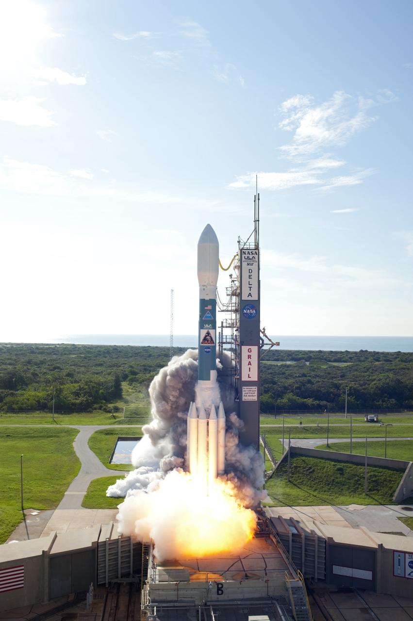 CAPE CANAVERAL, Fla. – At ignition, flames and smoke from the engines begin liftoff of the United Launch Alliance Delta II Heavy rocket carrying NASA’s twin Gravity Recovery and Interior Laboratory (GRAIL) mission off Space Launch Complex 17B on Cape Canaveral Air Force Station in Florida. The spacecraft launched at 9:08:52 a.m. EDT Sept. 10. GRAIL-A will separate from the second stage of the rocket at about one hour, 21 minutes after liftoff, followed by GRAIL-B at 90 minutes after launch. The spacecraft are embarking on a three-month journey to reach the moon.    GRAIL will fly twin spacecraft in tandem around the moon to precisely measure and map variations in the moon's gravitational field. The mission will provide the most accurate global gravity field to date for any planet, including Earth. This detailed information will reveal differences in the density of the moon's crust and mantle and will help answer fundamental questions about the moon's internal structure, thermal evolution, and history of collisions with asteroids. The aim is to map the moon's gravity field so completely that future moon vehicles can safely navigate anywhere on the moon’s surface. For more information, visit http://www.nasa.gov/grail. Photo credit: NASA/Sandra Joseph and Don Kight