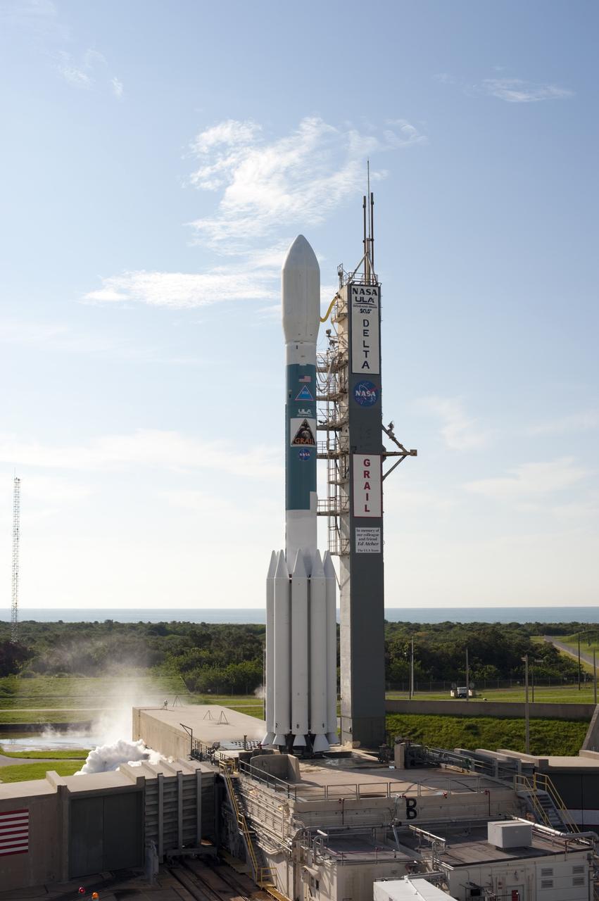 CAPE CANAVERAL, Fla. – Overlooking the Central Florida coast, engine ignition begins liftoff of the United Launch Alliance Delta II Heavy rocket carrying NASA’s twin Gravity Recovery and Interior Laboratory (GRAIL) mission off Space Launch Complex 17B on Cape Canaveral Air Force Station. The spacecraft launched at 9:08:52 a.m. EDT Sept. 10. GRAIL-A will separate from the second stage of the rocket at about one hour, 21 minutes after liftoff, followed by GRAIL-B at 90 minutes after launch. The spacecraft are embarking on a three-month journey to reach the moon.    GRAIL will fly twin spacecraft in tandem around the moon to precisely measure and map variations in the moon's gravitational field. The mission will provide the most accurate global gravity field to date for any planet, including Earth. This detailed information will reveal differences in the density of the moon's crust and mantle and will help answer fundamental questions about the moon's internal structure, thermal evolution, and history of collisions with asteroids. The aim is to map the moon's gravity field so completely that future moon vehicles can safely navigate anywhere on the moon’s surface. For more information, visit http://www.nasa.gov/grail. Photo credit: NASA/Sandra Joseph and Don Kight