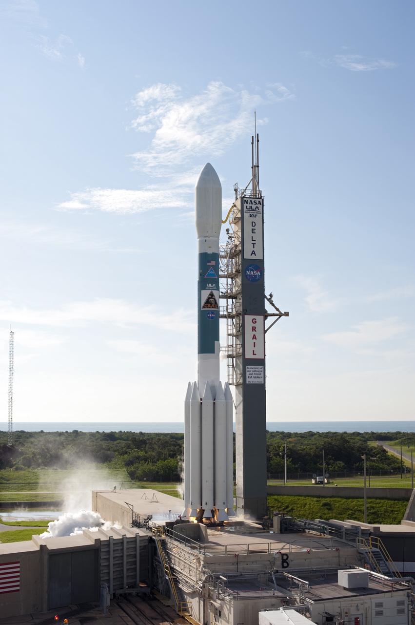 CAPE CANAVERAL, Fla. – Overlooking the Central Florida coast, engine ignition begins liftoff of the United Launch Alliance Delta II Heavy rocket carrying NASA’s twin Gravity Recovery and Interior Laboratory (GRAIL) mission off Space Launch Complex 17B on Cape Canaveral Air Force Station. The spacecraft launched at 9:08:52 a.m. EDT Sept. 10. GRAIL-A will separate from the second stage of the rocket at about one hour, 21 minutes after liftoff, followed by GRAIL-B at 90 minutes after launch. The spacecraft are embarking on a three-month journey to reach the moon.    GRAIL will fly twin spacecraft in tandem around the moon to precisely measure and map variations in the moon's gravitational field. The mission will provide the most accurate global gravity field to date for any planet, including Earth. This detailed information will reveal differences in the density of the moon's crust and mantle and will help answer fundamental questions about the moon's internal structure, thermal evolution, and history of collisions with asteroids. The aim is to map the moon's gravity field so completely that future moon vehicles can safely navigate anywhere on the moon’s surface. For more information, visit http://www.nasa.gov/grail. Photo credit: NASA/Sandra Joseph and Don Kight