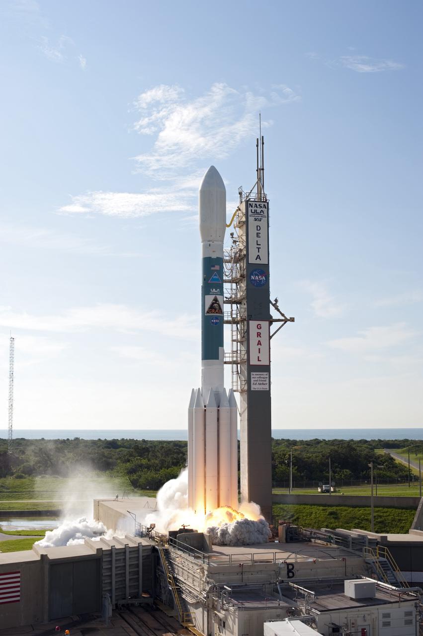 CAPE CANAVERAL, Fla. – At ignition, flames and smoke from the engines begin liftoff of the United Launch Alliance Delta II Heavy rocket carrying NASA’s twin Gravity Recovery and Interior Laboratory (GRAIL) mission off Space Launch Complex 17B on Cape Canaveral Air Force Station in Florida. The spacecraft launched at 9:08:52 a.m. EDT Sept. 10. GRAIL-A will separate from the second stage of the rocket at about one hour, 21 minutes after liftoff, followed by GRAIL-B at 90 minutes after launch. The spacecraft are embarking on a three-month journey to reach the moon.    GRAIL will fly twin spacecraft in tandem around the moon to precisely measure and map variations in the moon's gravitational field. The mission will provide the most accurate global gravity field to date for any planet, including Earth. This detailed information will reveal differences in the density of the moon's crust and mantle and will help answer fundamental questions about the moon's internal structure, thermal evolution, and history of collisions with asteroids. The aim is to map the moon's gravity field so completely that future moon vehicles can safely navigate anywhere on the moon’s surface. For more information, visit http://www.nasa.gov/grail. Photo credit: NASA/Sandra Joseph and Don Kight
