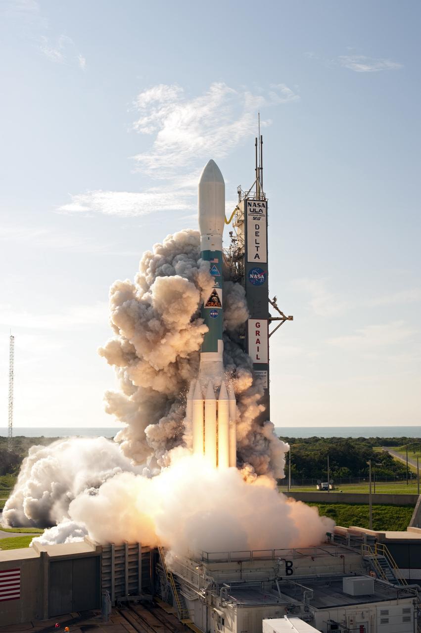 CAPE CANAVERAL, Fla. – Flames and smoke from the engines surround the United Launch Alliance Delta II rocket at liftoff carrying NASA’s twin Gravity Recovery and Interior Laboratory (GRAIL) mission off Space Launch Complex 17B on Cape Canaveral Air Force Station in Florida. The spacecraft launched at 9:08:52 a.m. EDT Sept. 10. GRAIL-A will separate from the second stage of the rocket at about one hour, 21 minutes after liftoff, followed by GRAIL-B at 90 minutes after launch. The spacecraft are embarking on a three-month journey to reach the moon.    GRAIL will fly twin spacecraft in tandem around the moon to precisely measure and map variations in the moon's gravitational field. The mission will provide the most accurate global gravity field to date for any planet, including Earth. This detailed information will reveal differences in the density of the moon's crust and mantle and will help answer fundamental questions about the moon's internal structure, thermal evolution, and history of collisions with asteroids. The aim is to map the moon's gravity field so completely that future moon vehicles can safely navigate anywhere on the moon’s surface. For more information, visit http://www.nasa.gov/grail. Photo credit: NASA/Sandra Joseph and Don Kight