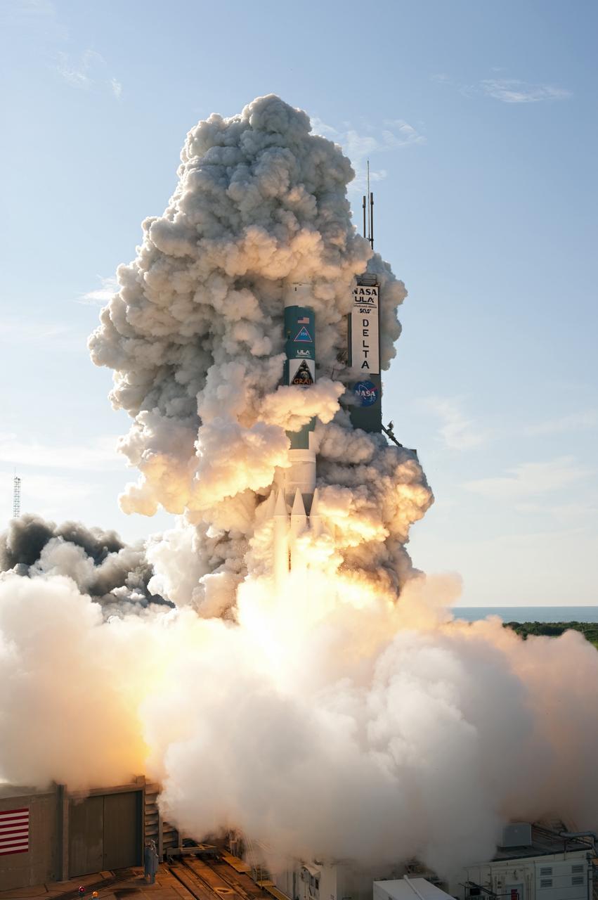 CAPE CANAVERAL, Fla. – Plumes of smoke surround of the United Launch Alliance Delta II Heavy rocket carrying NASA’s twin Gravity Recovery and Interior Laboratory (GRAIL) mission off Space Launch Complex 17B on Cape Canaveral Air Force Station In Florida. The spacecraft launched at 9:08:52 a.m. EDT Sept. 10. GRAIL-A will separate from the second stage of the rocket at about one hour, 21 minutes after liftoff, followed by GRAIL-B at 90 minutes after launch. The spacecraft are embarking on a three-month journey to reach the moon.    GRAIL will fly twin spacecraft in tandem around the moon to precisely measure and map variations in the moon's gravitational field. The mission will provide the most accurate global gravity field to date for any planet, including Earth. This detailed information will reveal differences in the density of the moon's crust and mantle and will help answer fundamental questions about the moon's internal structure, thermal evolution, and history of collisions with asteroids. The aim is to map the moon's gravity field so completely that future moon vehicles can safely navigate anywhere on the moon’s surface. For more information, visit http://www.nasa.gov/grail. Photo credit: NASA/Sandra Joseph and Don Kight
