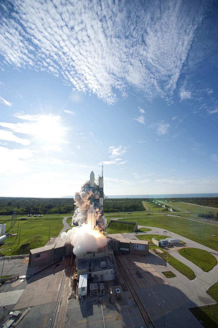 CAPE CANAVERAL, Fla. – Backdropped by a beautiful blue sky, flames and smoke from the engines surround the United Launch Alliance Delta II rocket at liftoff carrying NASA’s twin Gravity Recovery and Interior Laboratory (GRAIL) mission off Space Launch Complex 17B on Cape Canaveral Air Force Station in Florida. The spacecraft launched at 9:08:52 a.m. EDT Sept. 10. GRAIL-A will separate from the second stage of the rocket at about one hour, 21 minutes after liftoff, followed by GRAIL-B at 90 minutes after launch. The spacecraft are embarking on a three-month journey to reach the moon.    GRAIL will fly twin spacecraft in tandem around the moon to precisely measure and map variations in the moon's gravitational field. The mission will provide the most accurate global gravity field to date for any planet, including Earth. This detailed information will reveal differences in the density of the moon's crust and mantle and will help answer fundamental questions about the moon's internal structure, thermal evolution, and history of collisions with asteroids. The aim is to map the moon's gravity field so completely that future moon vehicles can safely navigate anywhere on the moon’s surface. For more information, visit http://www.nasa.gov/grail. Photo credit: NASA/Sandra Joseph and Don Kight
