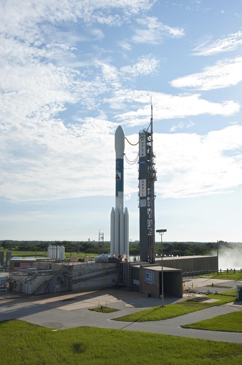 CAPE CANAVERAL, Fla. – Engine ignition begins liftoff of the United Launch Alliance Delta II Heavy rocket carrying NASA’s twin Gravity Recovery and Interior Laboratory (GRAIL) mission off Space Launch Complex 17B on Cape Canaveral Air Force Station in Florida. The spacecraft launched at 9:08:52 a.m. EDT Sept. 10. GRAIL-A will separate from the second stage of the rocket at about one hour, 21 minutes after liftoff, followed by GRAIL-B at 90 minutes after launch. The spacecraft are embarking on a three-month journey to reach the moon.    GRAIL will fly twin spacecraft in tandem around the moon to precisely measure and map variations in the moon's gravitational field. The mission will provide the most accurate global gravity field to date for any planet, including Earth. This detailed information will reveal differences in the density of the moon's crust and mantle and will help answer fundamental questions about the moon's internal structure, thermal evolution, and history of collisions with asteroids. The aim is to map the moon's gravity field so completely that future moon vehicles can safely navigate anywhere on the moon’s surface. For more information, visit http://www.nasa.gov/grail. Photo credit: NASA/ Tony Gray and Tim Powers