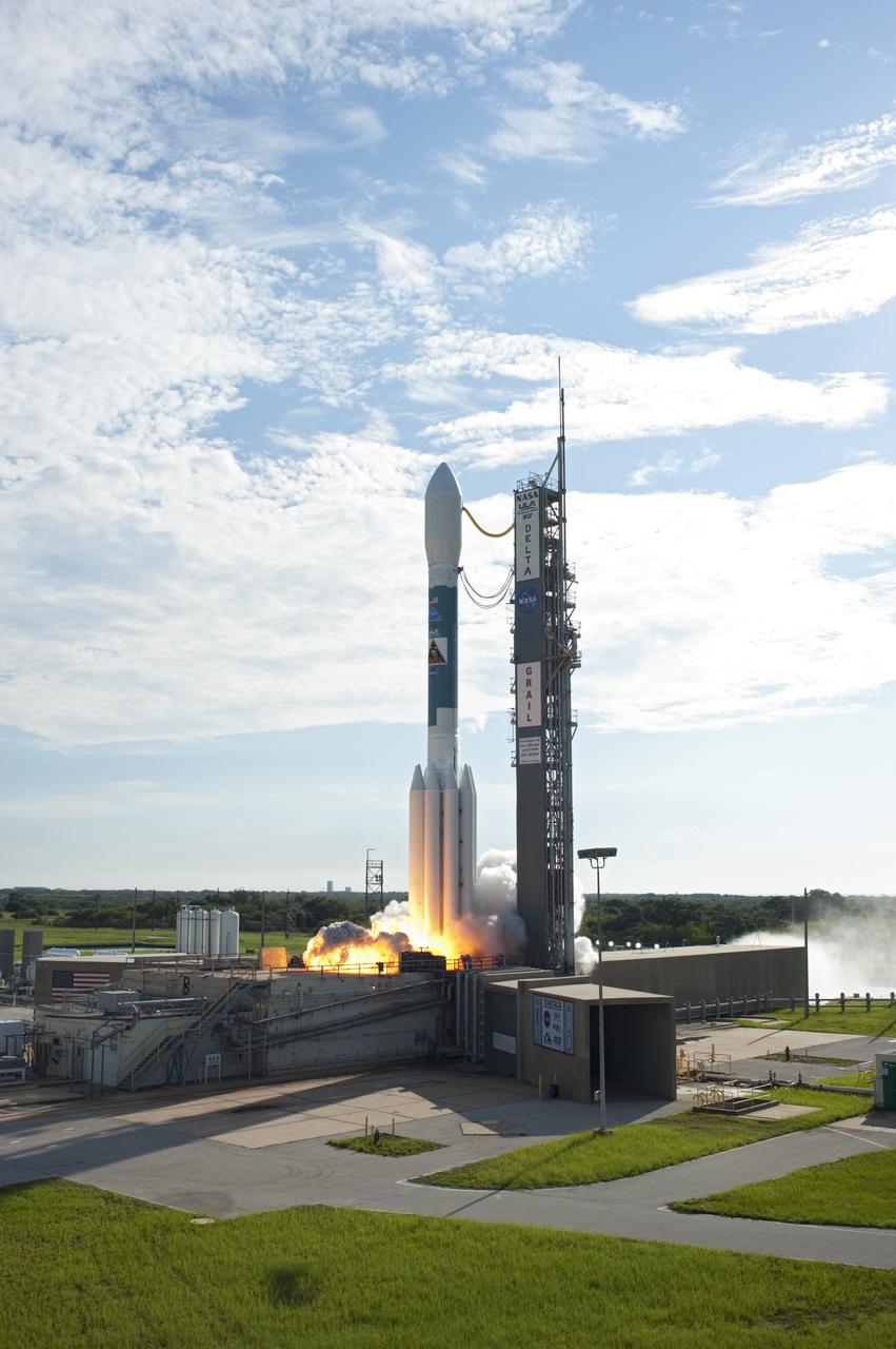 CAPE CANAVERAL, Fla. – At ignition, flames and smoke from the engines begin liftoff of the United Launch Alliance Delta II Heavy rocket carrying NASA’s twin Gravity Recovery and Interior Laboratory (GRAIL) mission off Space Launch Complex 17B on Cape Canaveral Air Force Station in Florida. The spacecraft launched at 9:08:52 a.m. EDT Sept. 10. GRAIL-A will separate from the second stage of the rocket at about one hour, 21 minutes after liftoff, followed by GRAIL-B at 90 minutes after launch. The spacecraft are embarking on a three-month journey to reach the moon.    GRAIL will fly twin spacecraft in tandem around the moon to precisely measure and map variations in the moon's gravitational field. The mission will provide the most accurate global gravity field to date for any planet, including Earth. This detailed information will reveal differences in the density of the moon's crust and mantle and will help answer fundamental questions about the moon's internal structure, thermal evolution, and history of collisions with asteroids. The aim is to map the moon's gravity field so completely that future moon vehicles can safely navigate anywhere on the moon’s surface. For more information, visit http://www.nasa.gov/grail. Photo credit: NASA/ Tony Gray and Tim Powers