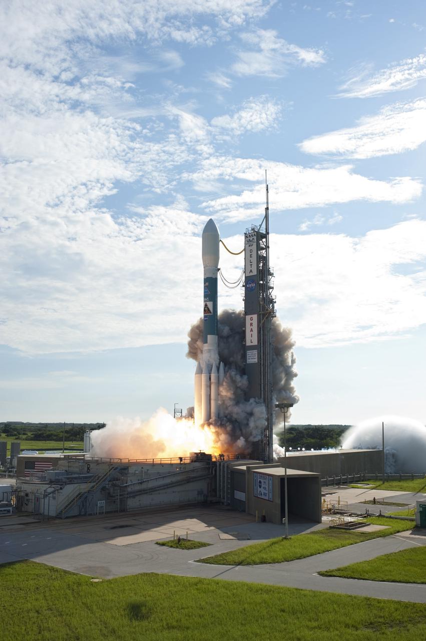 CAPE CANAVERAL, Fla. – At ignition, flames and smoke from the engines begin liftoff of the United Launch Alliance Delta II Heavy rocket carrying NASA’s twin Gravity Recovery and Interior Laboratory (GRAIL) mission off Space Launch Complex 17B on Cape Canaveral Air Force Station in Florida. The spacecraft launched at 9:08:52 a.m. EDT Sept. 10. GRAIL-A will separate from the second stage of the rocket at about one hour, 21 minutes after liftoff, followed by GRAIL-B at 90 minutes after launch. The spacecraft are embarking on a three-month journey to reach the moon.    GRAIL will fly twin spacecraft in tandem around the moon to precisely measure and map variations in the moon's gravitational field. The mission will provide the most accurate global gravity field to date for any planet, including Earth. This detailed information will reveal differences in the density of the moon's crust and mantle and will help answer fundamental questions about the moon's internal structure, thermal evolution, and history of collisions with asteroids. The aim is to map the moon's gravity field so completely that future moon vehicles can safely navigate anywhere on the moon’s surface. For more information, visit http://www.nasa.gov/grail. Photo credit: NASA/ Tony Gray and Tim Powers