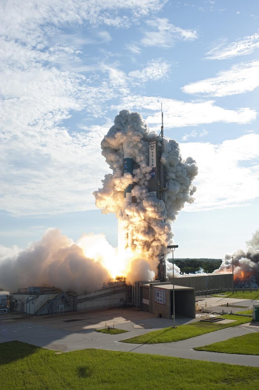 CAPE CANAVERAL, Fla. – At liftoff, plumes of smoke surround the United Launch Alliance Delta II Heavy rocket carrying NASA’s twin Gravity Recovery and Interior Laboratory (GRAIL) mission off Space Launch Complex 17B on Cape Canaveral Air Force Station in Florida. The spacecraft launched at 9:08:52 a.m. EDT Sept. 10. GRAIL-A will separate from the second stage of the rocket at about one hour, 21 minutes after liftoff, followed by GRAIL-B at 90 minutes after launch. The spacecraft are embarking on a three-month journey to reach the moon.    GRAIL will fly twin spacecraft in tandem around the moon to precisely measure and map variations in the moon's gravitational field. The mission will provide the most accurate global gravity field to date for any planet, including Earth. This detailed information will reveal differences in the density of the moon's crust and mantle and will help answer fundamental questions about the moon's internal structure, thermal evolution, and history of collisions with asteroids. The aim is to map the moon's gravity field so completely that future moon vehicles can safely navigate anywhere on the moon’s surface. For more information, visit http://www.nasa.gov/grail. Photo credit: NASA/ Tony Gray and Tim Powers