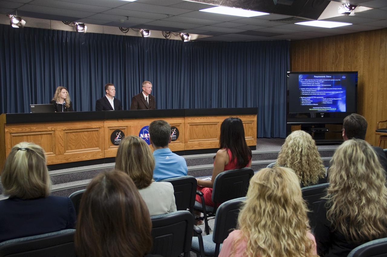 CAPE CANAVERAL, Fla. -- Representatives from aerospace industry partners and the media are given an overview on NASA's Commercial Crew Program's next steps during a strategy forum held in the Press Site auditorium at Kennedy Space Center in Florida. On the dais, from left, are Candrea Thomas, NASA Public Affairs; Phil McAlister, director, Commercial Spaceflight Development in NASA’s Human Exploration and Operations Mission Directorate, and Brent Jeff, deputy director, Commercial Crew Program. The goal of the Commercial Crew Program is to have a commercially developed, human-capable, certified spacecraft safely flying astronauts into orbit and to the International Space Station by the middle of the decade. For more information about NASA's Commercial Crew Program, visit http://www.nasa.gov/exploration/commercial. Photo credit: NASA/Jim Grossmann