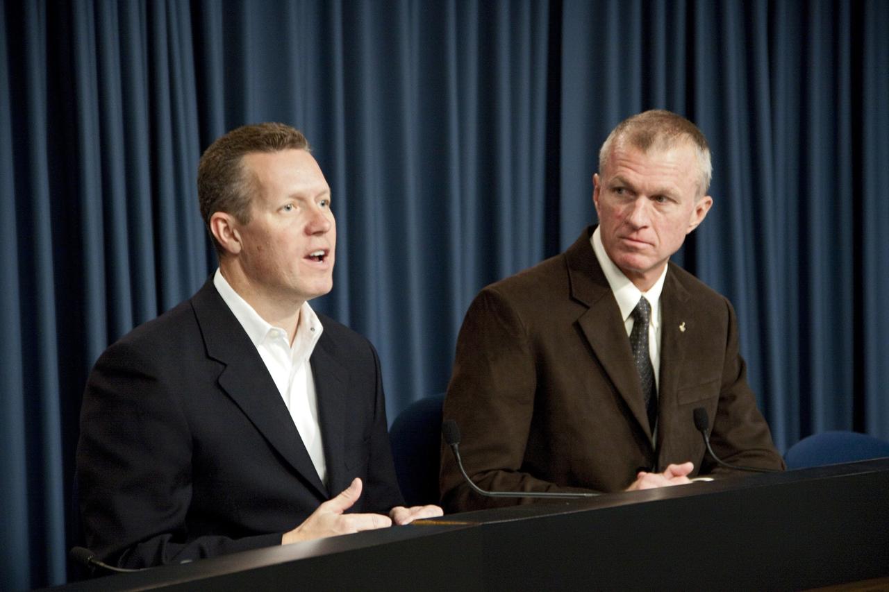 CAPE CANAVERAL, Fla. -- In the Press Site auditorium at NASA's Kennedy Space Center in Florida, Phil McAlister (left), director, Commercial Spaceflight Development in NASA’s Human Exploration and Operations Mission Directorate, and Brent Jeff, deputy director, Commercial Crew Program, brief representatives from aerospace industry partners and the media during a strategy forum on the next steps for NASA's Commercial Crew Program. The goal of the Commercial Crew Program is to have a commercially developed, human-capable, certified spacecraft safely flying astronauts into orbit and to the International Space Station by the middle of the decade. For more information about NASA's Commercial Crew Program, visit http://www.nasa.gov/exploration/commercial. Photo credit: NASA/Jim Grossmann