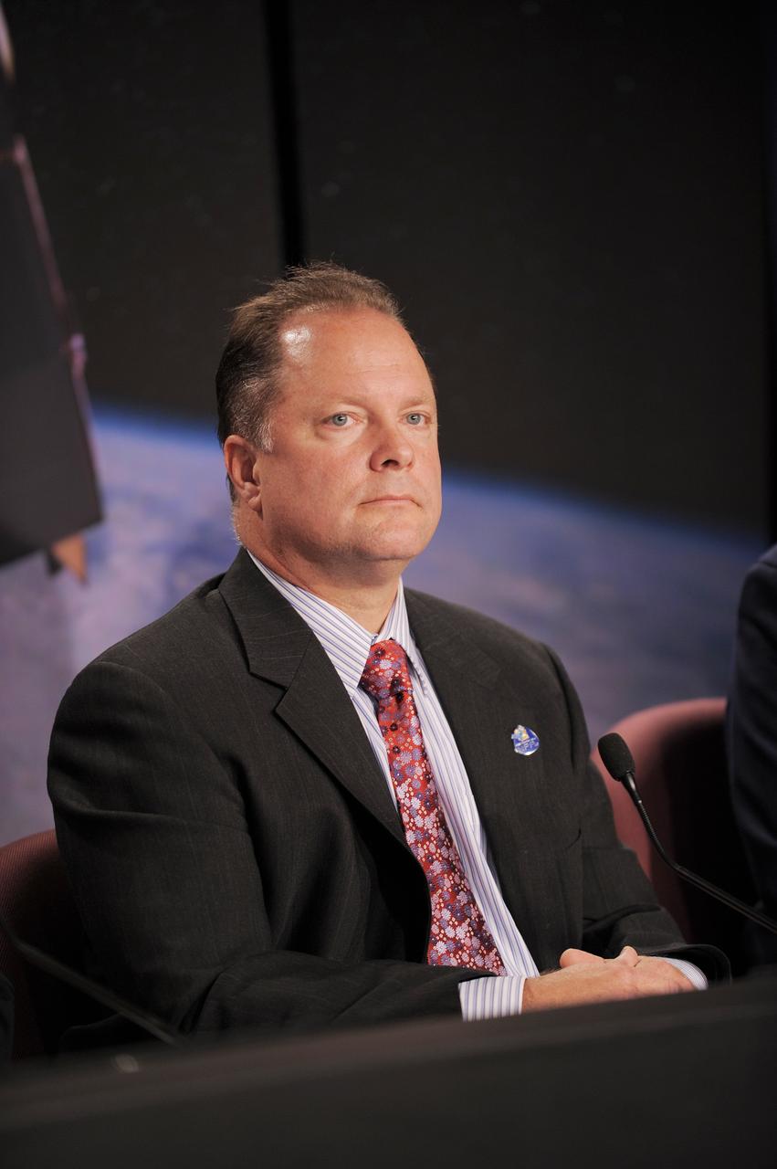 VANDENBERG AIR FORCE BASE, Calif. -- Ken Schwer, NPP project manager, Goddard Space Flight Center, Greenbelt, Md., participates in the prelaunch news conference at Vandenberg Air Force Base, Calif., for NASA’s National Polar-orbiting Operational Environmental Satellite System Preparatory Project (NPP) spacecraft.          NPP represents a critical first step in building the next-generation of Earth-observing satellites. NPP will carry the first of the new sensors developed for this satellite fleet, now known as the Joint Polar Satellite System (JPSS), to be launched in 2016. NPP is the bridge between NASA's Earth Observing System (EOS) satellites and the forthcoming series of JPSS satellites. The mission will test key technologies and instruments for the JPSS missions. NPP is targeted to launch Oct. 28 from Space Launch Complex-2 aboard a United Launch Alliance Delta II rocket. For more information, visit http://www.nasa.gov/NPP.     Photo credit: NASA/VAFB